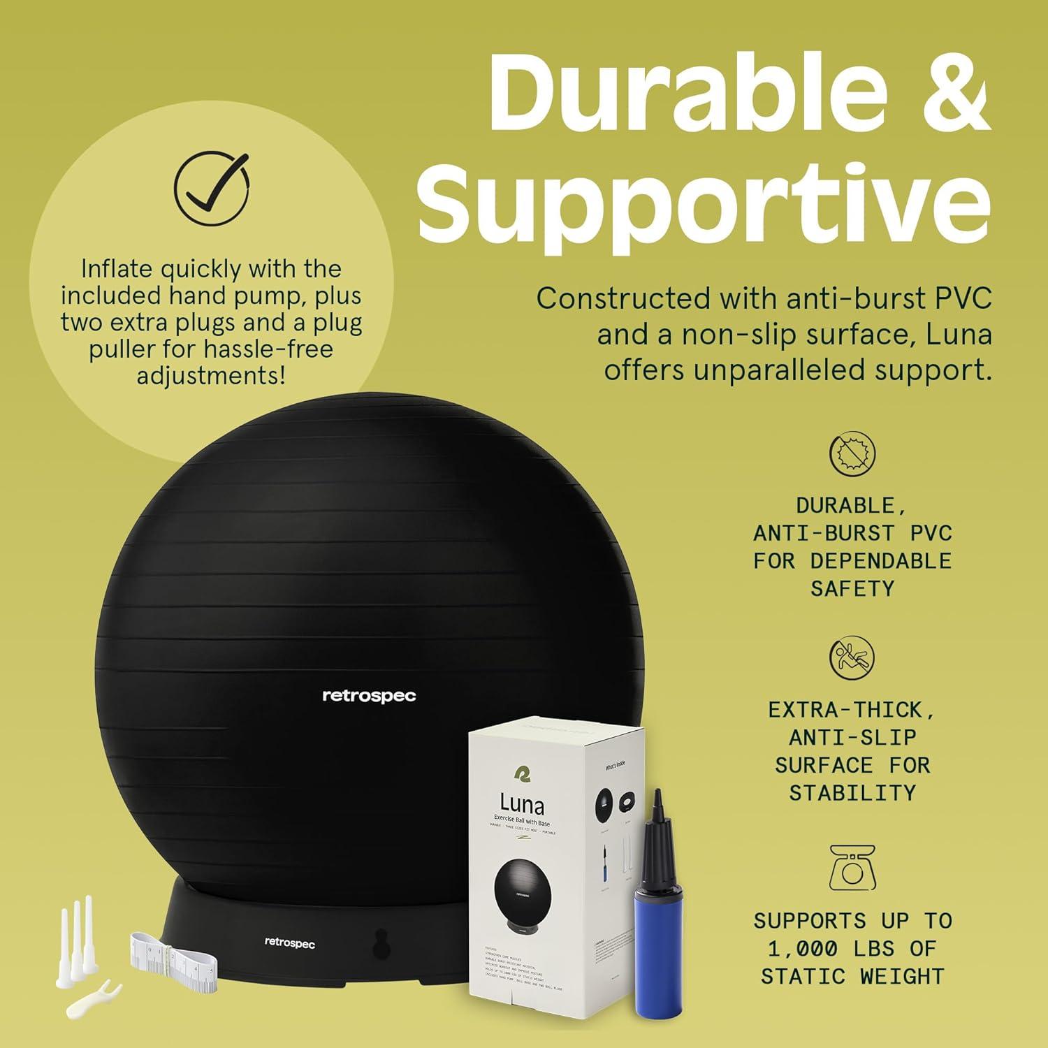 Retrospec Luna Exercise Ball with Pump – Anti-Burst Fitness Equipment for Yoga, Core Training & Stability – Home Gym Swiss Ball for Office & Pregnancy(Black)