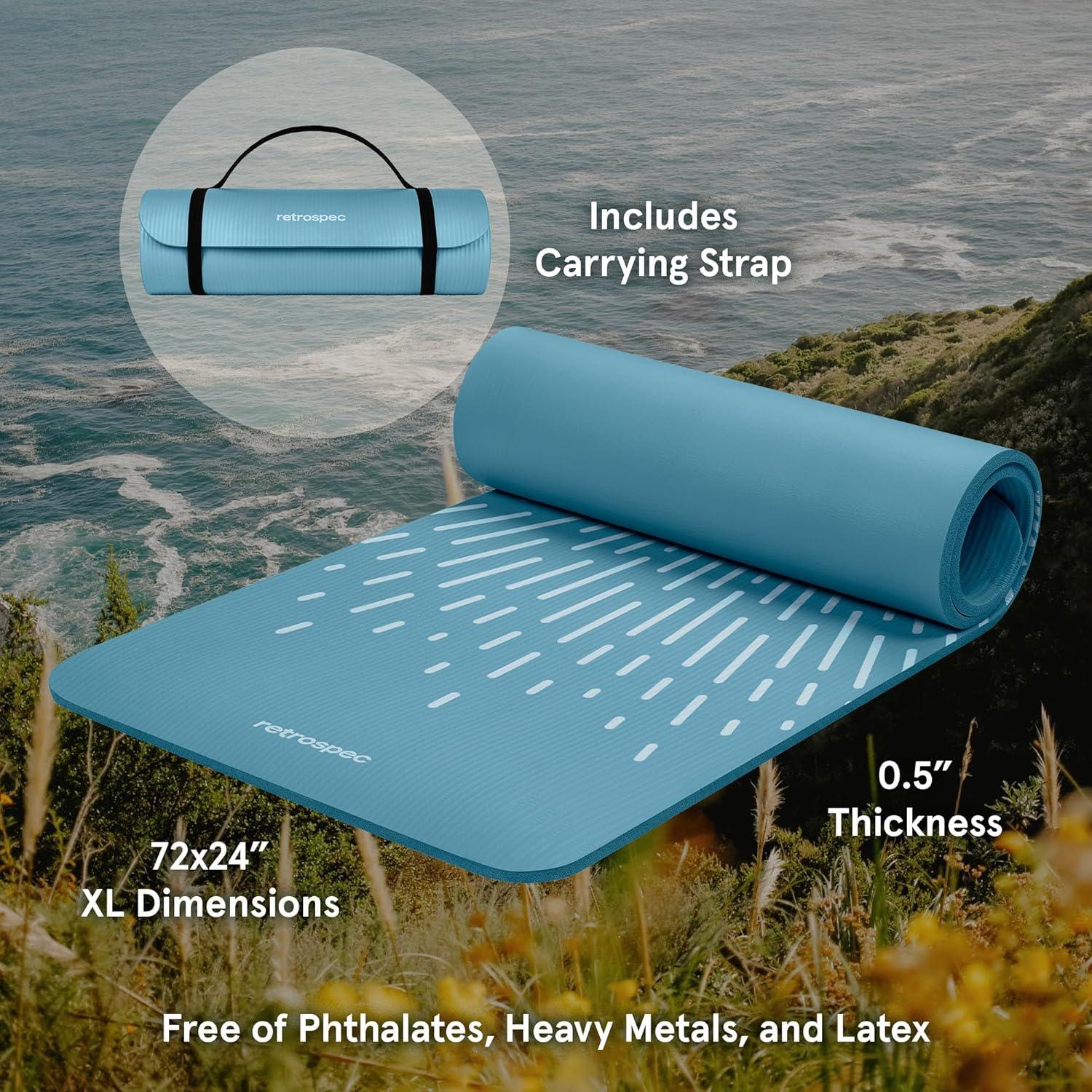 Retrospec Solana Yoga Mat Thick 1/2in Non-Slip Workout Mat with Nylon Strap – 72x24in Exercise Mat for Pilates, Stretching & Fitness – BPA Free, Easy Clean(Blue Mist)