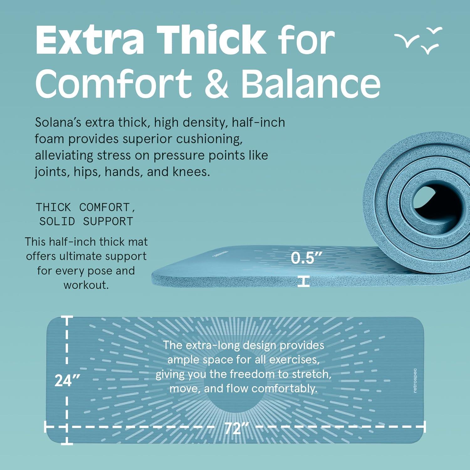 Retrospec Solana Yoga Mat Thick 1/2in Non-Slip Workout Mat with Nylon Strap – 72x24in Exercise Mat for Pilates, Stretching & Fitness – BPA Free, Easy Clean(Blue Mist)