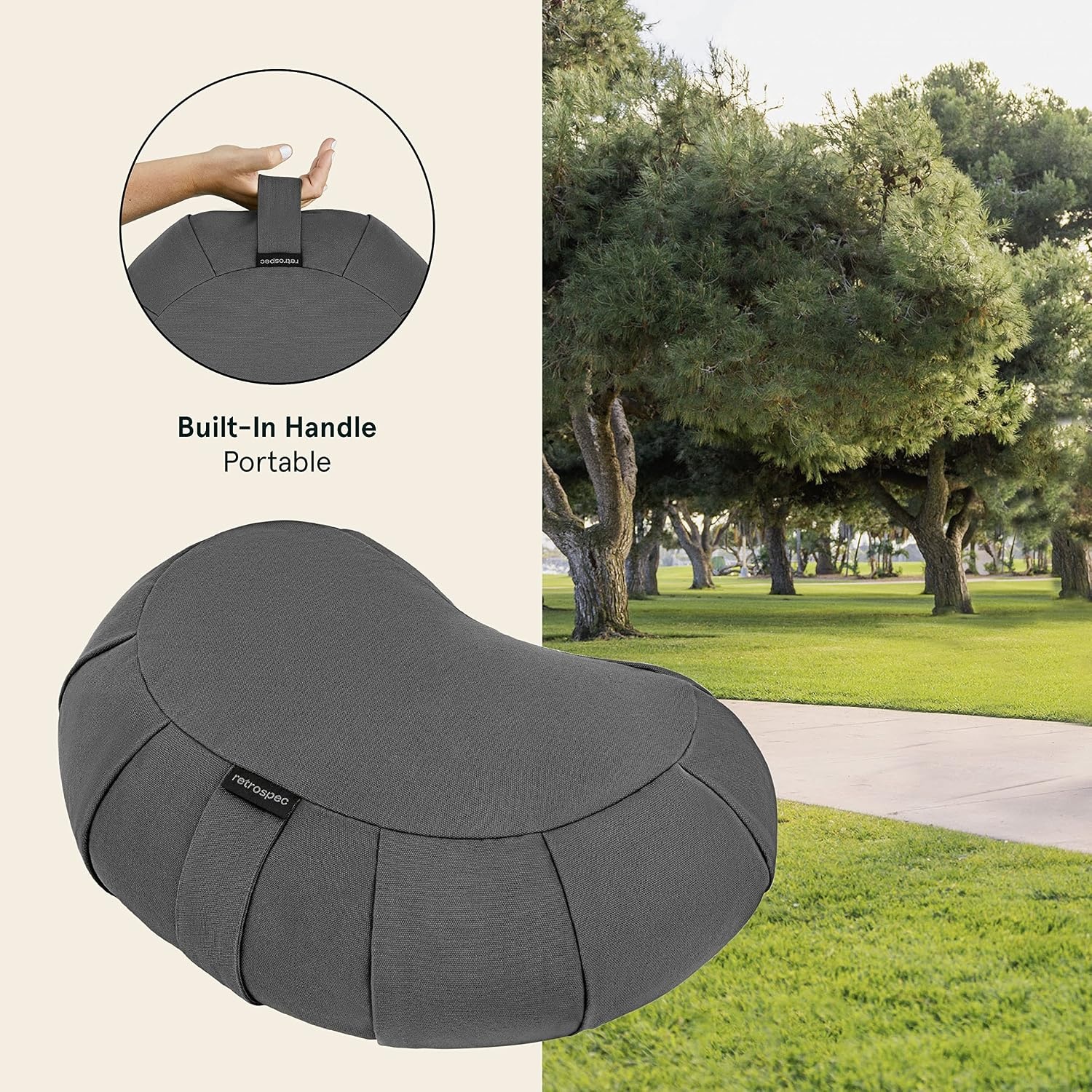 Retrospec Sedona Zafu Meditation Cushion with Buckwheat Hull Fill – Adjustable Yoga & Pilates Equipment Support – 17in Crescent Cotton Cover(Stone)