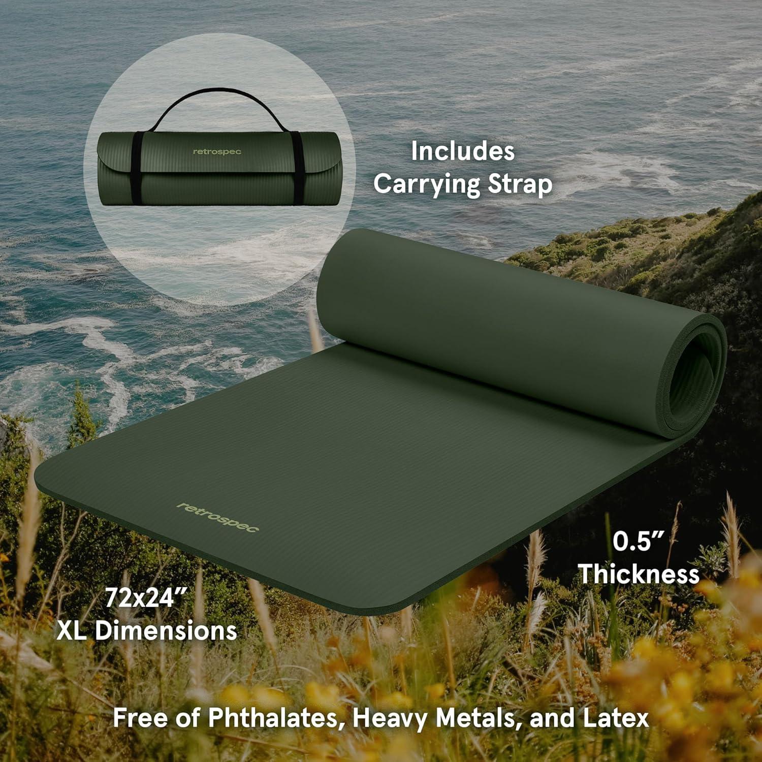 Retrospec Solana Yoga Mat Thick 1/2in Non-Slip Workout Mat with Nylon Strap – 72x24in Exercise Mat for Pilates, Stretching & Fitness – BPA Free, Easy Clean(Wild Spruce)