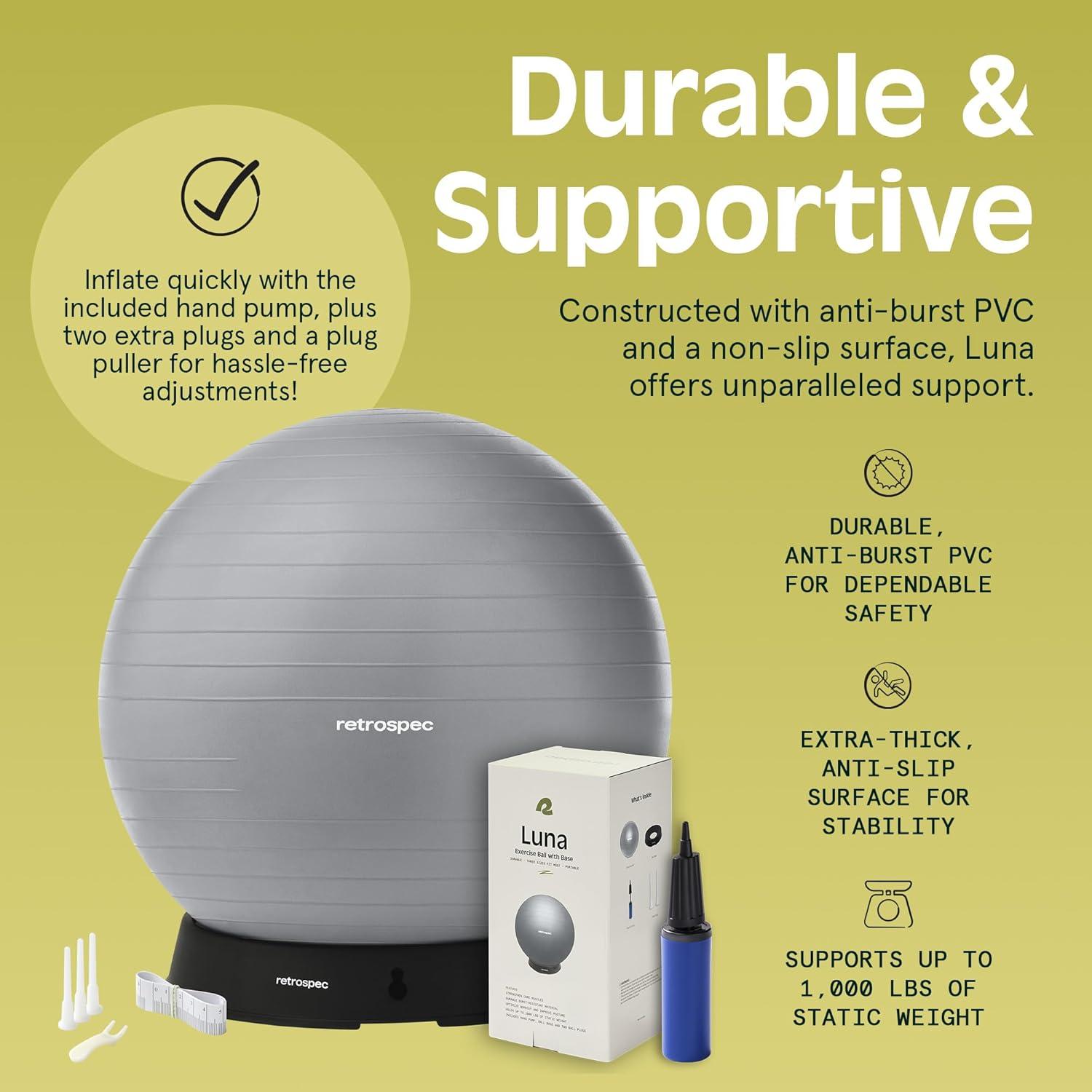 Retrospec Luna Exercise Ball with Pump – Anti-Burst Fitness Equipment for Yoga, Core Training & Stability – Home Gym Swiss Ball for Office & Pregnancy(Fossil Gray)