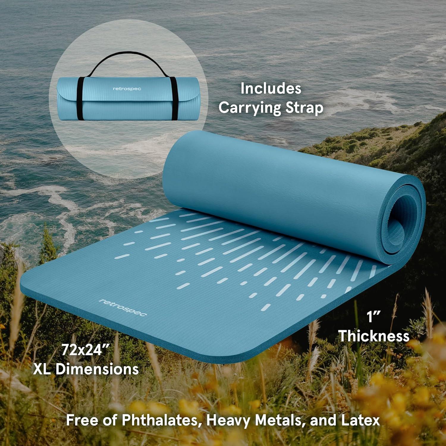 Retrospec Solana Yoga Mat 1″ Thick w/Nylon Strap for Men & Women – Non Slip Exercise Mat for Home Yoga, Pilates, Stretching, Floor & Fitness Workouts(Blue Mist)