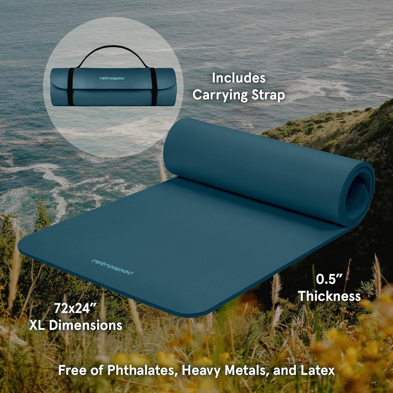 Retrospec Solana Yoga Mat Thick 1/2in Non-Slip Workout Mat with Nylon Strap – 72x24in Exercise Mat for Pilates, Stretching & Fitness – BPA Free, Easy Clean(Ocean Blue)