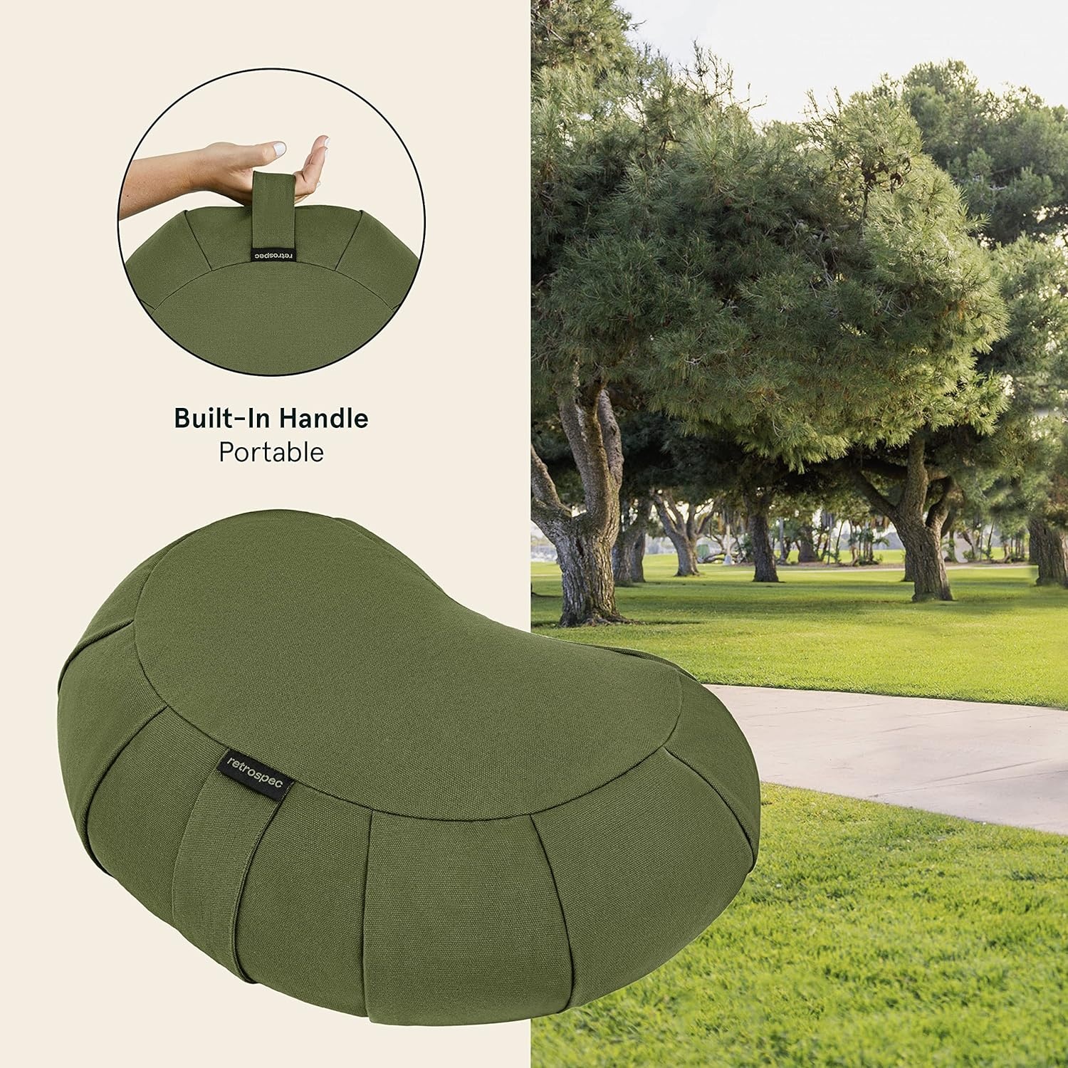 Retrospec Sedona Zafu Meditation Cushion Filled w/Buckwheat Hulls – Yoga Pillow for Meditation Practices – Machine Washable 100% Cotton Cover & Durable Carry Handle, Crescent, Black(Basil)
