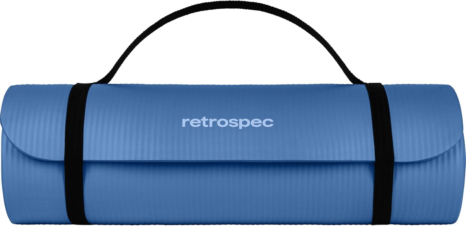 Retrospec Solana Yoga Mat 1″ Thick w/Nylon Strap for Men & Women – Non Slip Exercise Mat for Home Yoga, Pilates, Stretching, Floor & Fitness Workouts(Denim Blue)