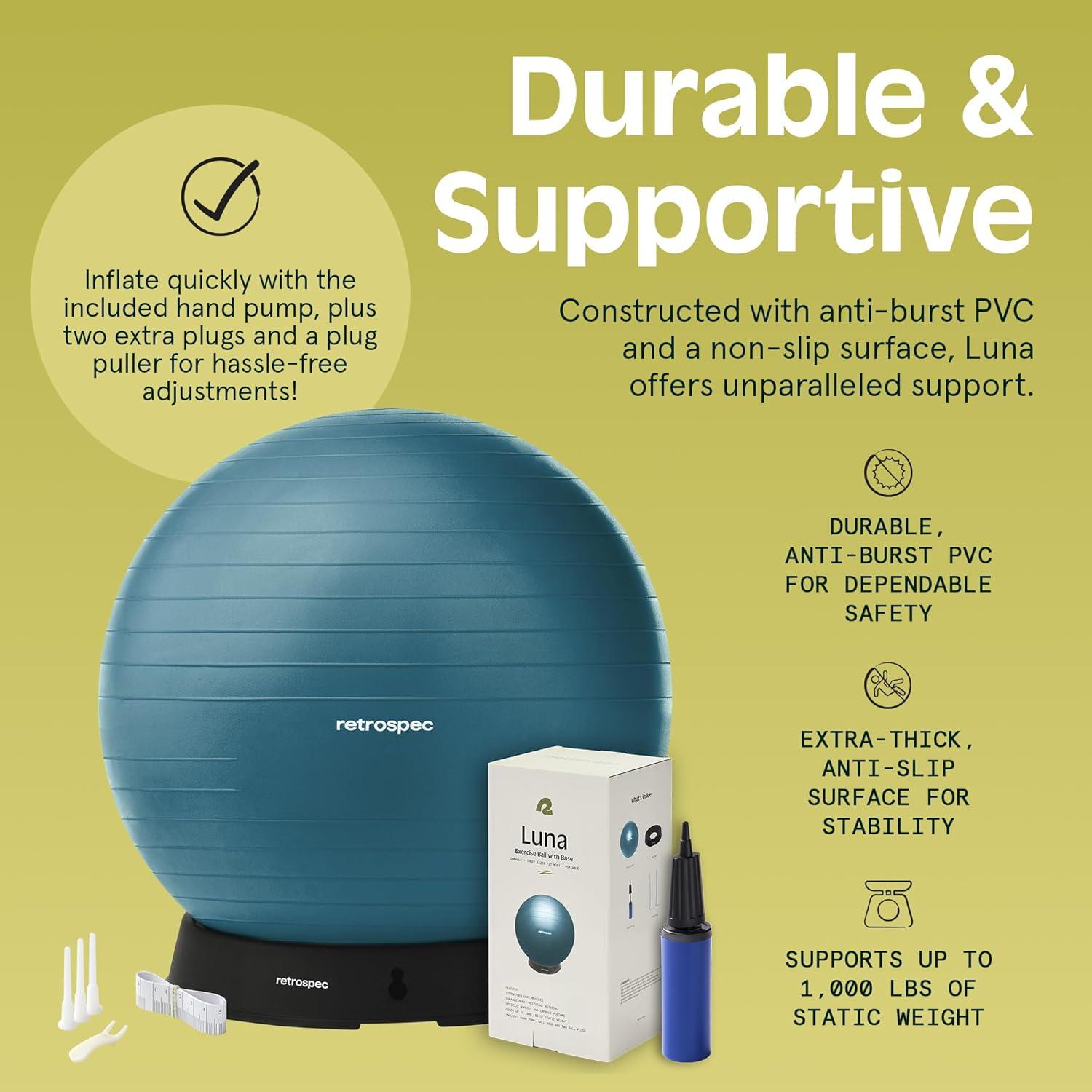Retrospec Luna Exercise Ball with Pump – Anti-Burst Fitness Equipment for Yoga, Core Training & Stability – Home Gym Swiss Ball for Office & Pregnancy(Ocean Blue)