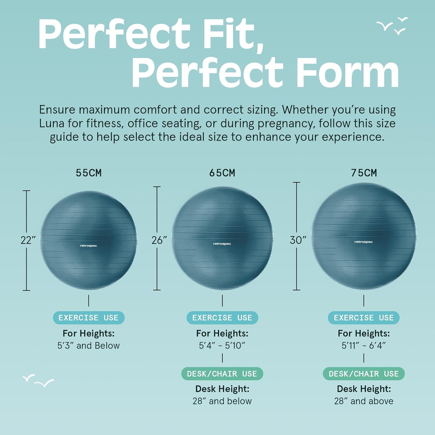 Retrospec Luna Exercise Ball with Pump – Anti-Burst Fitness Equipment for Yoga, Core Training & Stability – Home Gym Swiss Ball for Office & Pregnancy(Ocean Blue)