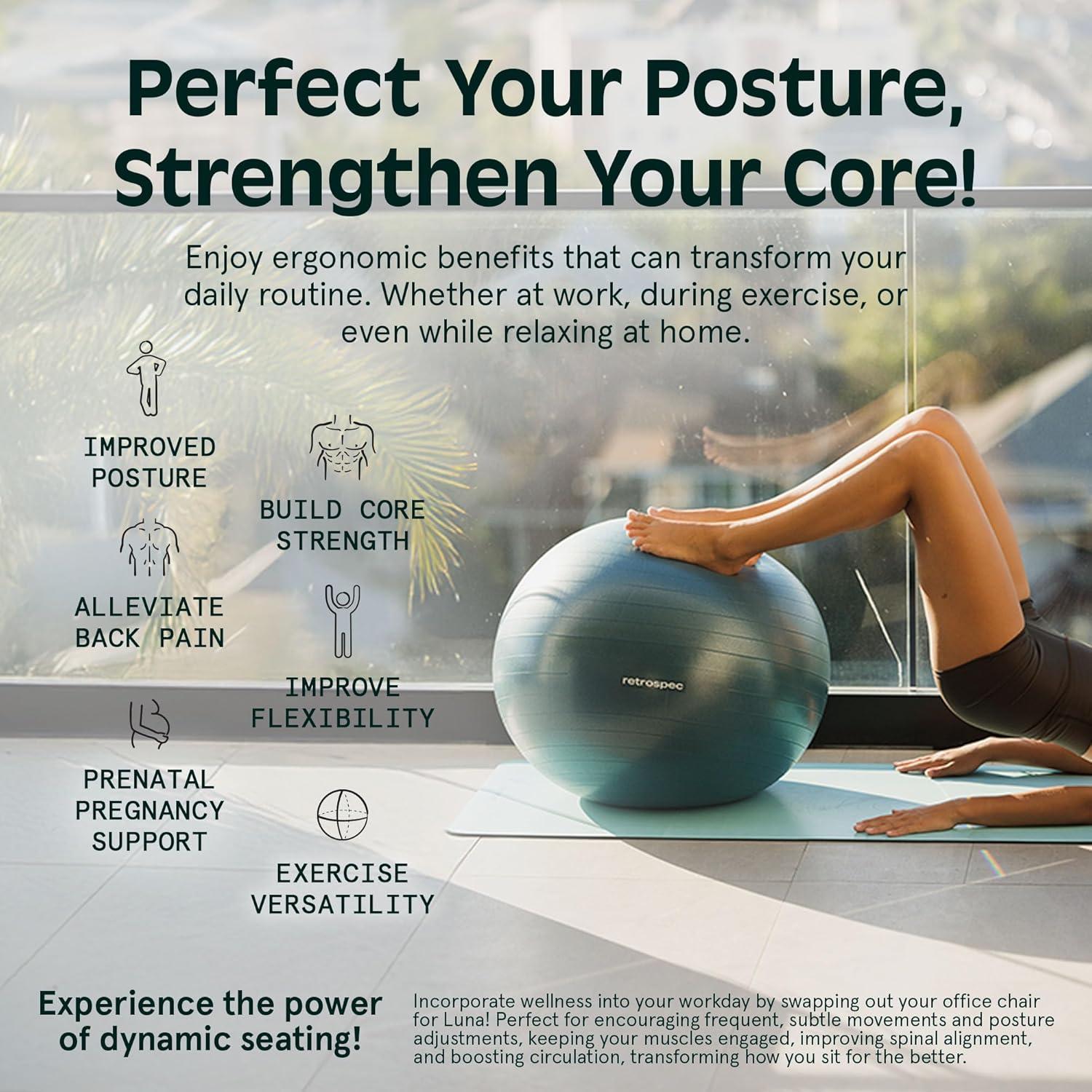 Retrospec Luna Exercise Ball with Pump – Anti-Burst Fitness Equipment for Yoga, Core Training & Stability – Home Gym Swiss Ball for Office & Pregnancy(Ocean Blue)