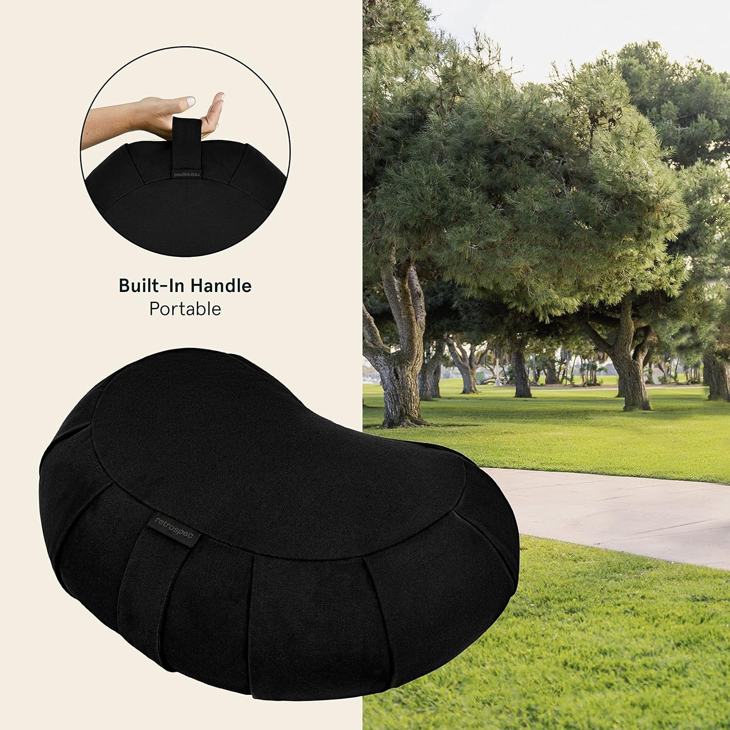 Retrospec Sedona Zafu Meditation Cushion Filled w/Buckwheat Hulls – Yoga Pillow for Meditation Practices – Machine Washable 100% Cotton Cover & Durable Carry Handle, Crescent, Black(Black)