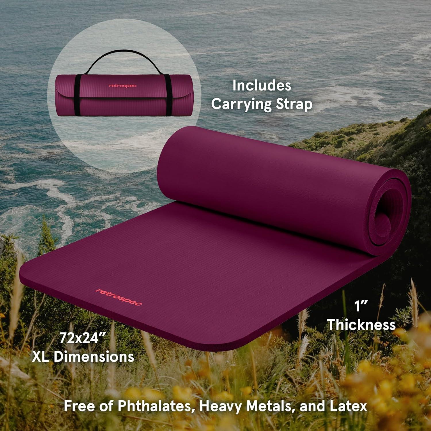 Retrospec Solana Yoga Mat 1″ Thick w/Nylon Strap for Men & Women – Non Slip Exercise Mat for Home Yoga, Pilates, Stretching, Floor & Fitness Workouts(Boysenberry)
