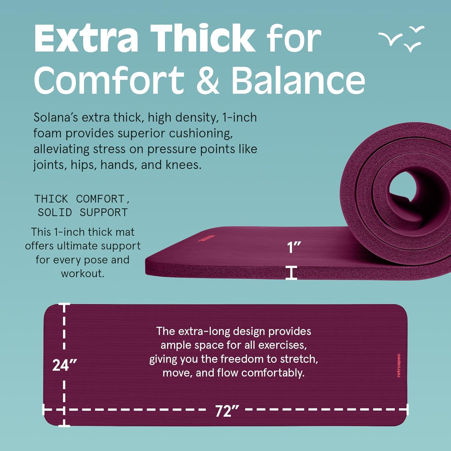Retrospec Solana Yoga Mat 1″ Thick w/Nylon Strap for Men & Women – Non Slip Exercise Mat for Home Yoga, Pilates, Stretching, Floor & Fitness Workouts(Boysenberry)