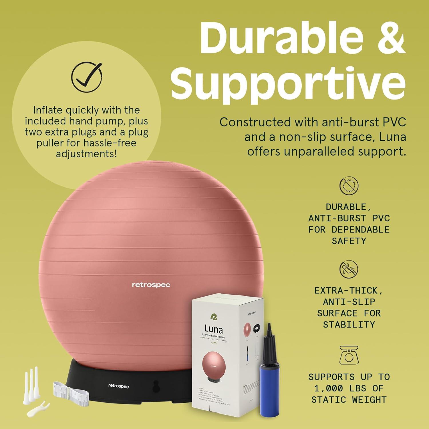 Retrospec Luna Exercise Ball with Pump – Anti-Burst Fitness Equipment for Yoga, Core Training & Stability – Home Gym Swiss Ball for Office & Pregnancy(Rose)