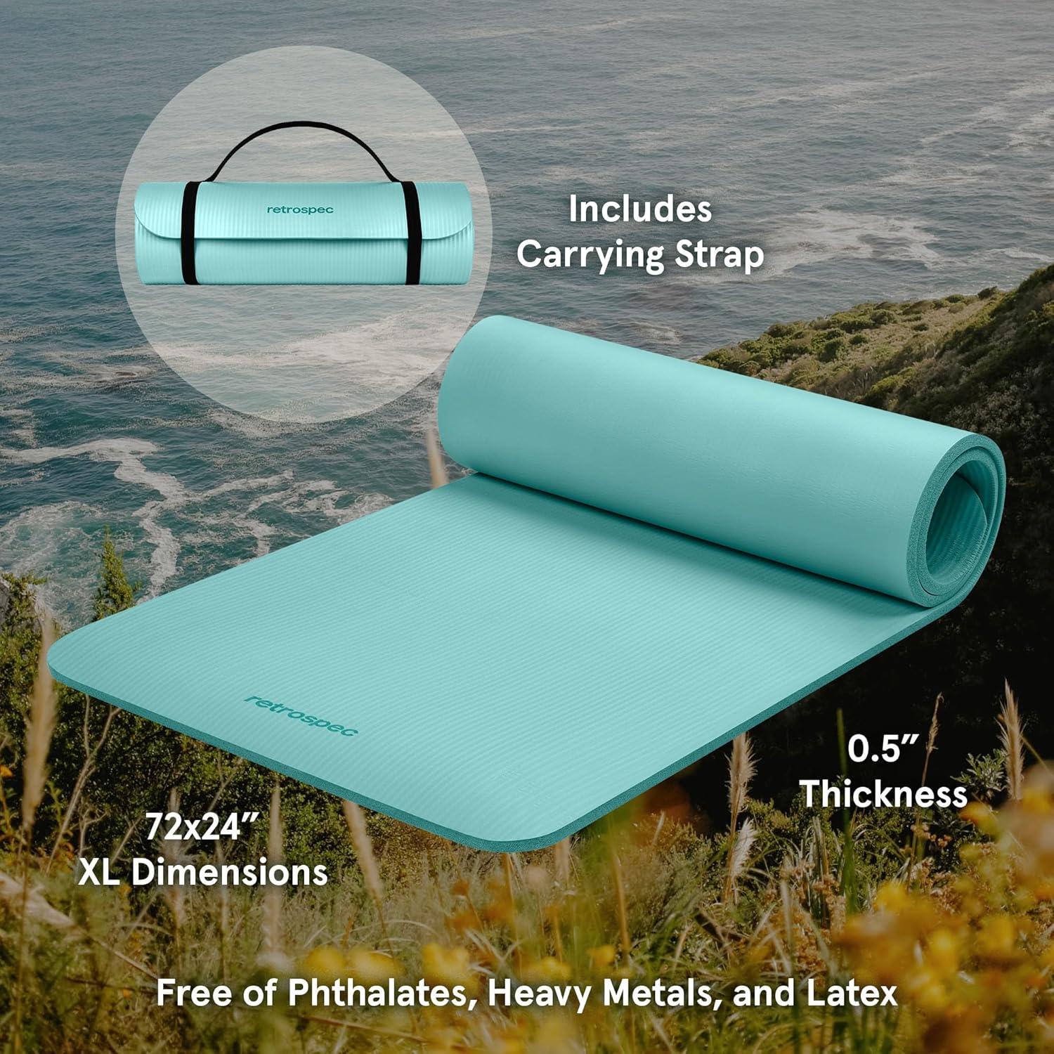 Retrospec Solana Yoga Mat Thick 1/2in Non-Slip Workout Mat with Nylon Strap – 72x24in Exercise Mat for Pilates, Stretching & Fitness – BPA Free, Easy Clean(Blue Ridge)