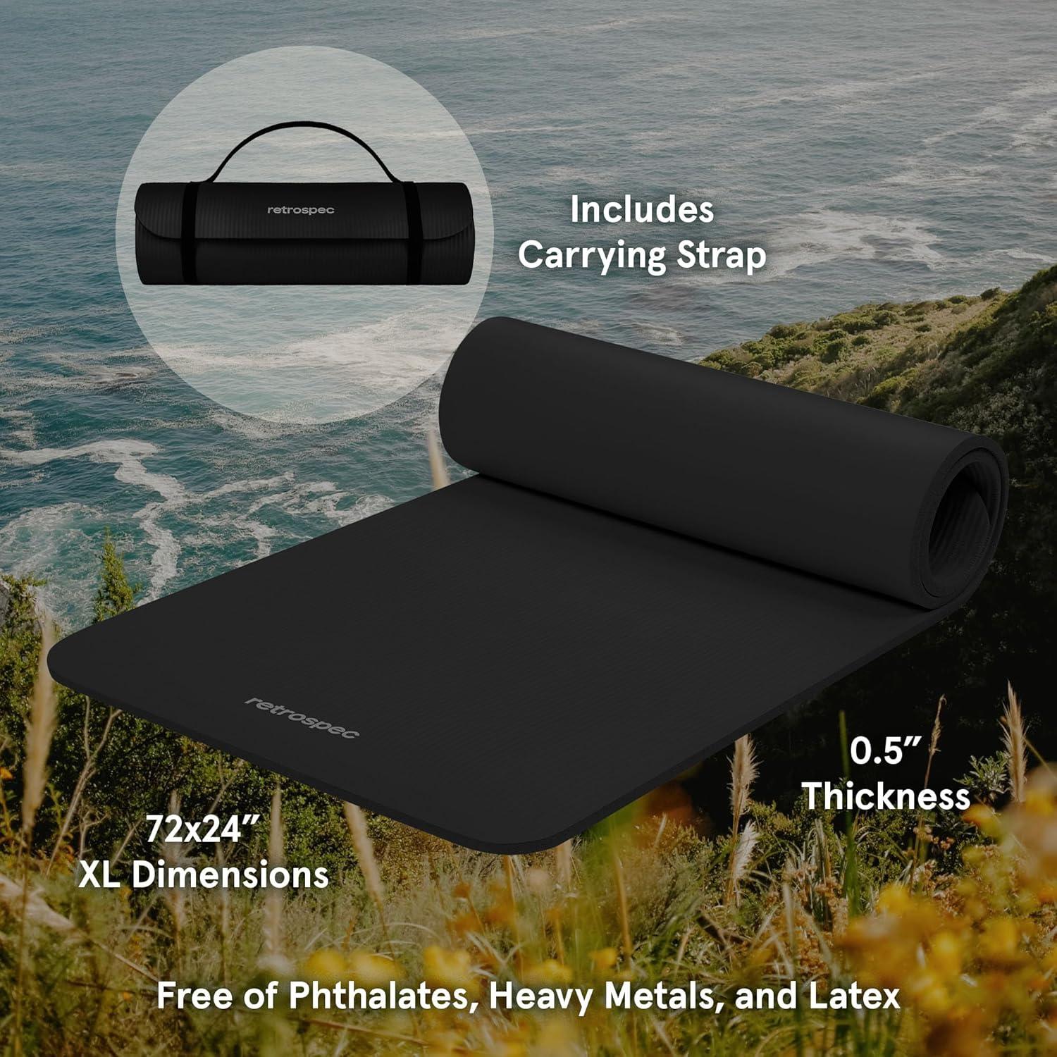 Retrospec Solana Yoga Mat Thick 1/2in Non-Slip Workout Mat with Nylon Strap – 72x24in Exercise Mat for Pilates, Stretching & Fitness – BPA Free, Easy Clean(Black)