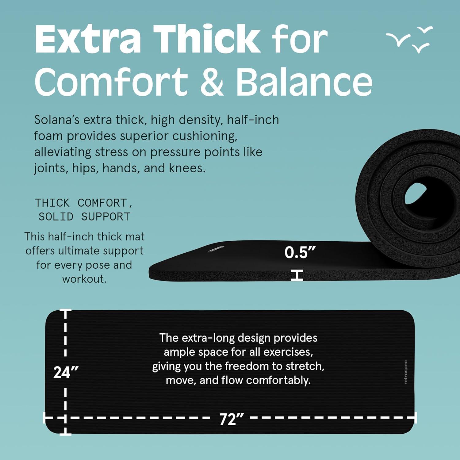 Retrospec Solana Yoga Mat Thick 1/2in Non-Slip Workout Mat with Nylon Strap – 72x24in Exercise Mat for Pilates, Stretching & Fitness – BPA Free, Easy Clean(Black)