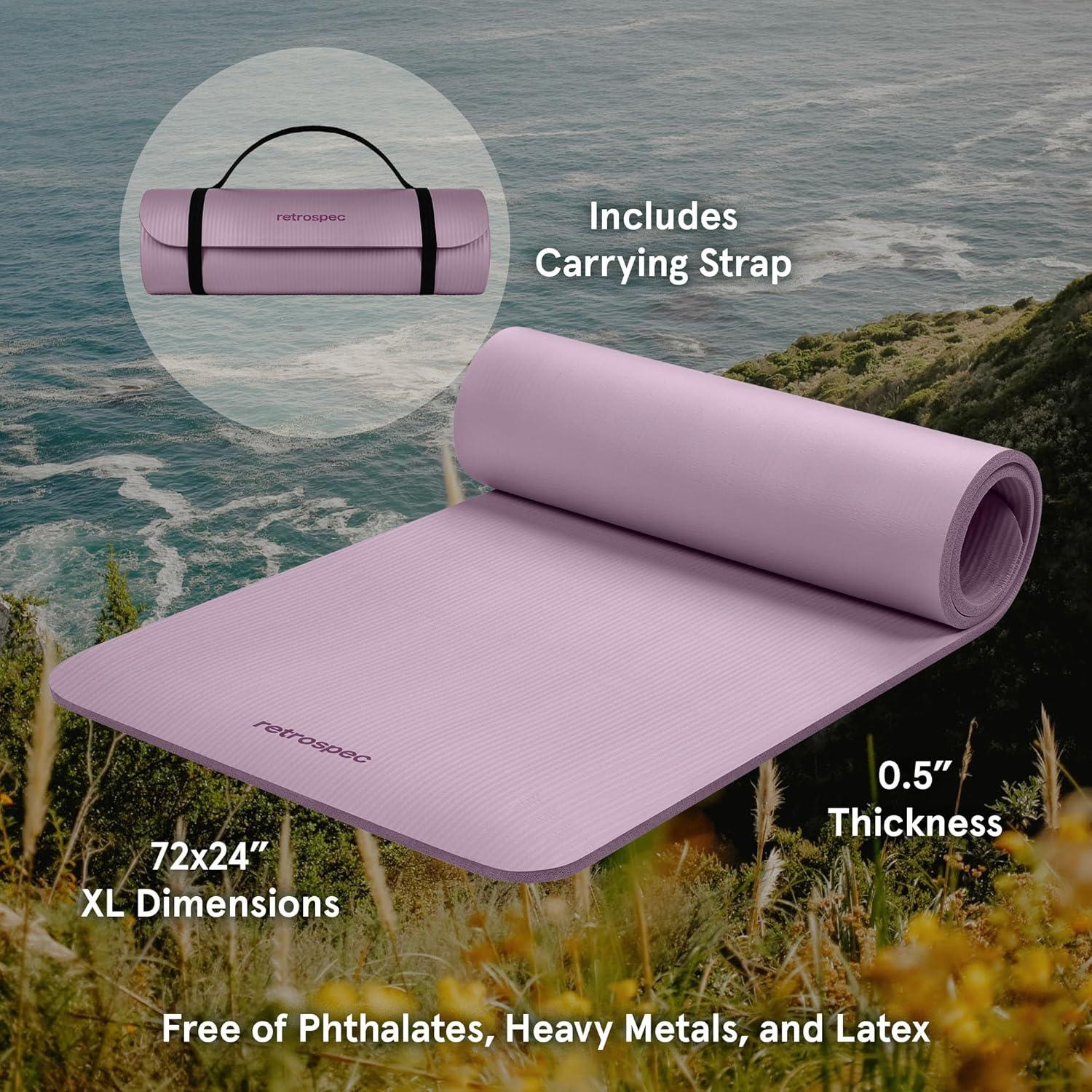 Retrospec Solana Yoga Mat Thick 1/2in Non-Slip Workout Mat with Nylon Strap – 72x24in Exercise Mat for Pilates, Stretching & Fitness – BPA Free, Easy Clean(Violet Haze)
