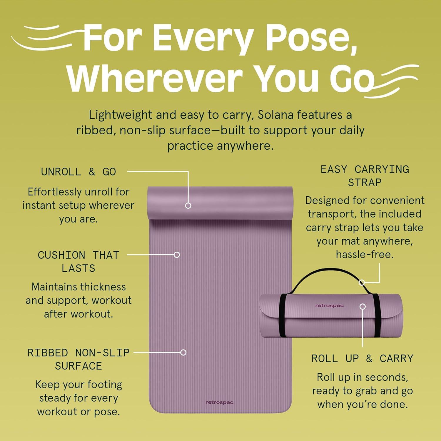 Retrospec Solana Yoga Mat Thick 1/2in Non-Slip Workout Mat with Nylon Strap – 72x24in Exercise Mat for Pilates, Stretching & Fitness – BPA Free, Easy Clean(Violet Haze)