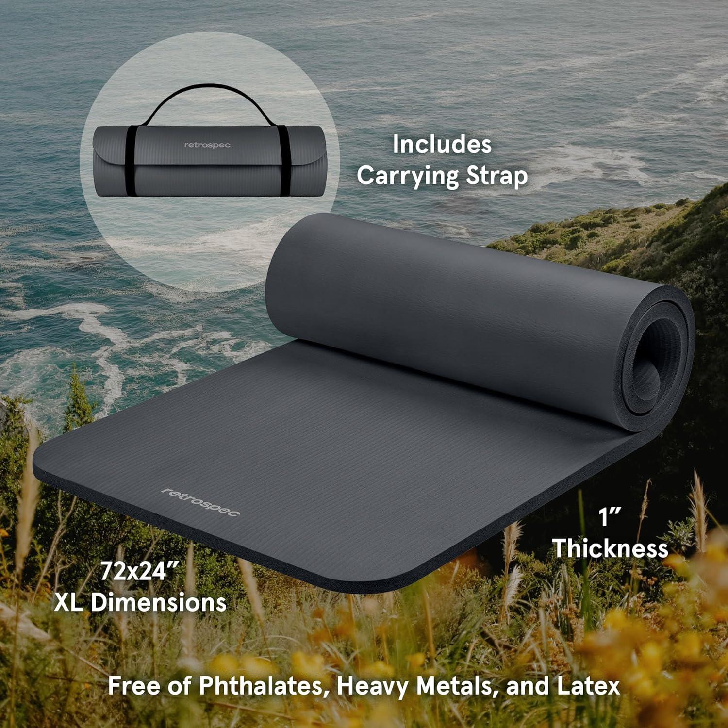 Retrospec Solana Yoga Mat 1″ Thick w/Nylon Strap for Men & Women – Non Slip Exercise Mat for Home Yoga, Pilates, Stretching, Floor & Fitness Workouts(Graphite)
