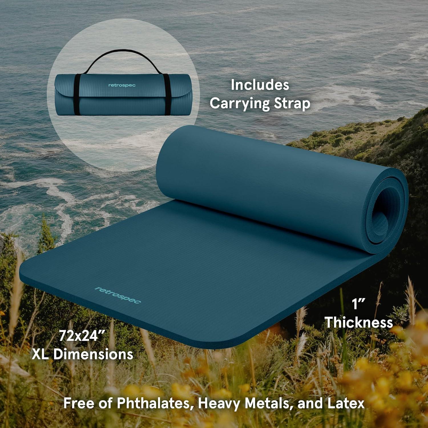 Retrospec Solana Yoga Mat 1″ Thick w/Nylon Strap for Men & Women – Non Slip Exercise Mat for Home Yoga, Pilates, Stretching, Floor & Fitness Workouts(Ocean Blue)