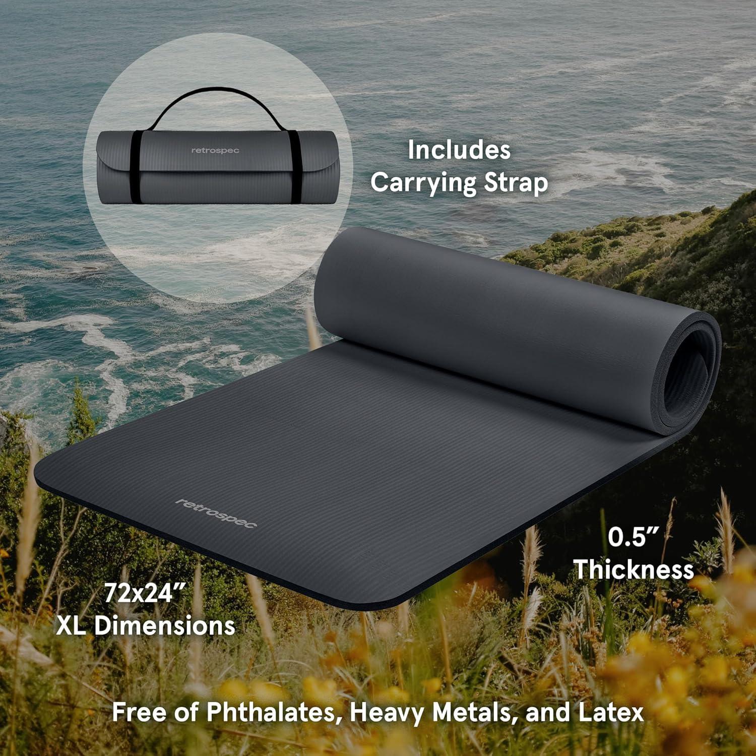 Retrospec Solana Yoga Mat Thick 1/2in Non-Slip Workout Mat with Nylon Strap – 72x24in Exercise Mat for Pilates, Stretching & Fitness – BPA Free, Easy Clean(Graphite)