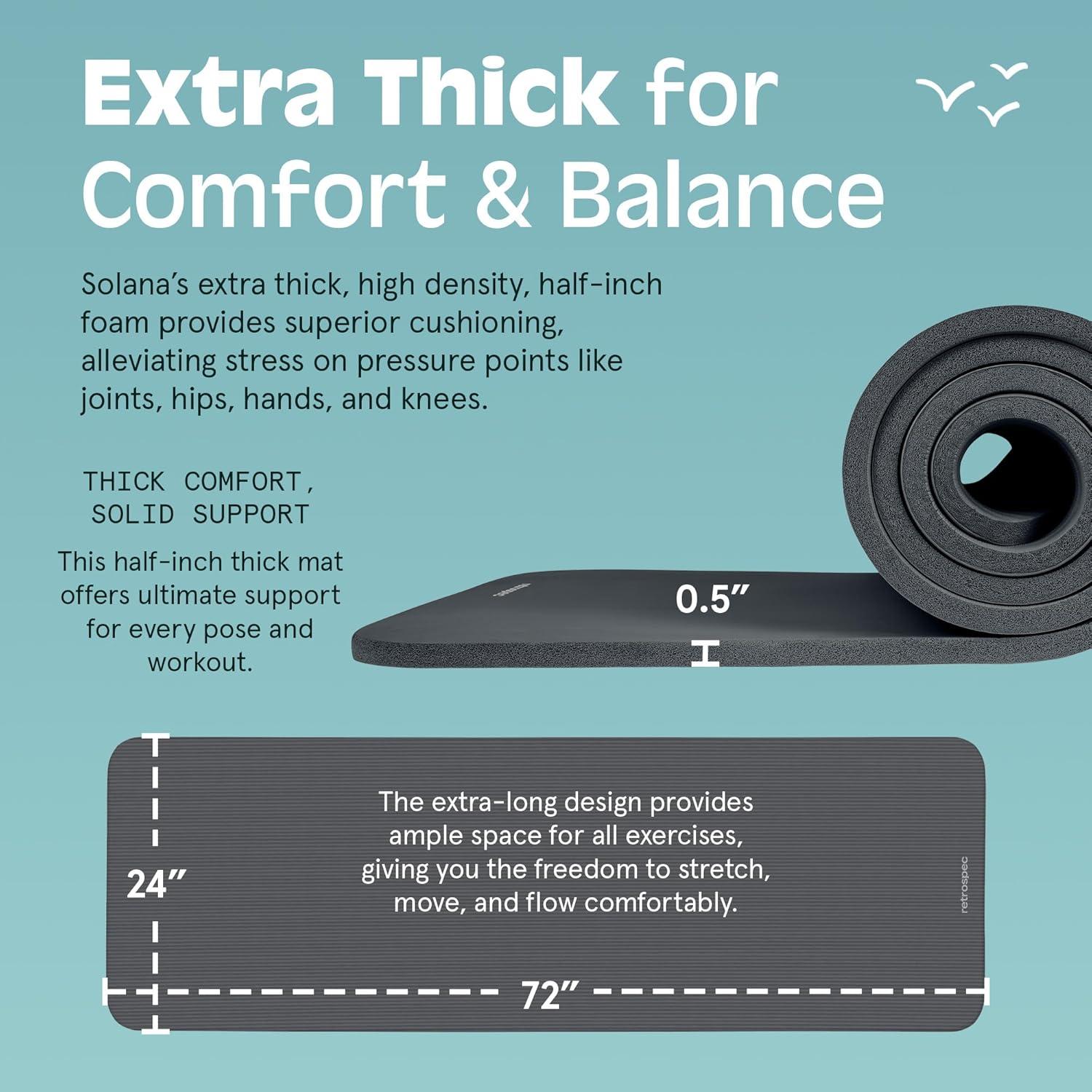 Retrospec Solana Yoga Mat Thick 1/2in Non-Slip Workout Mat with Nylon Strap – 72x24in Exercise Mat for Pilates, Stretching & Fitness – BPA Free, Easy Clean(Graphite)