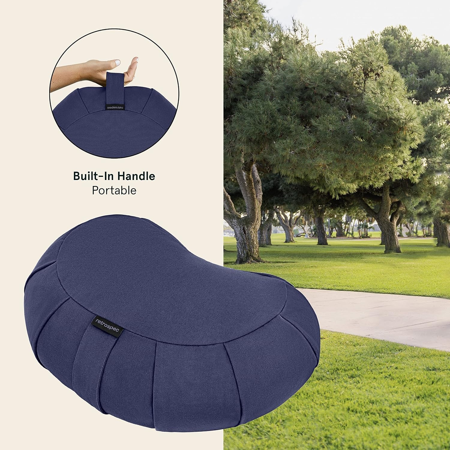 Retrospec Sedona Zafu Meditation Cushion with Buckwheat Hull Fill – Adjustable Yoga & Pilates Equipment Support – 17in Crescent Cotton Cover(Midnight)