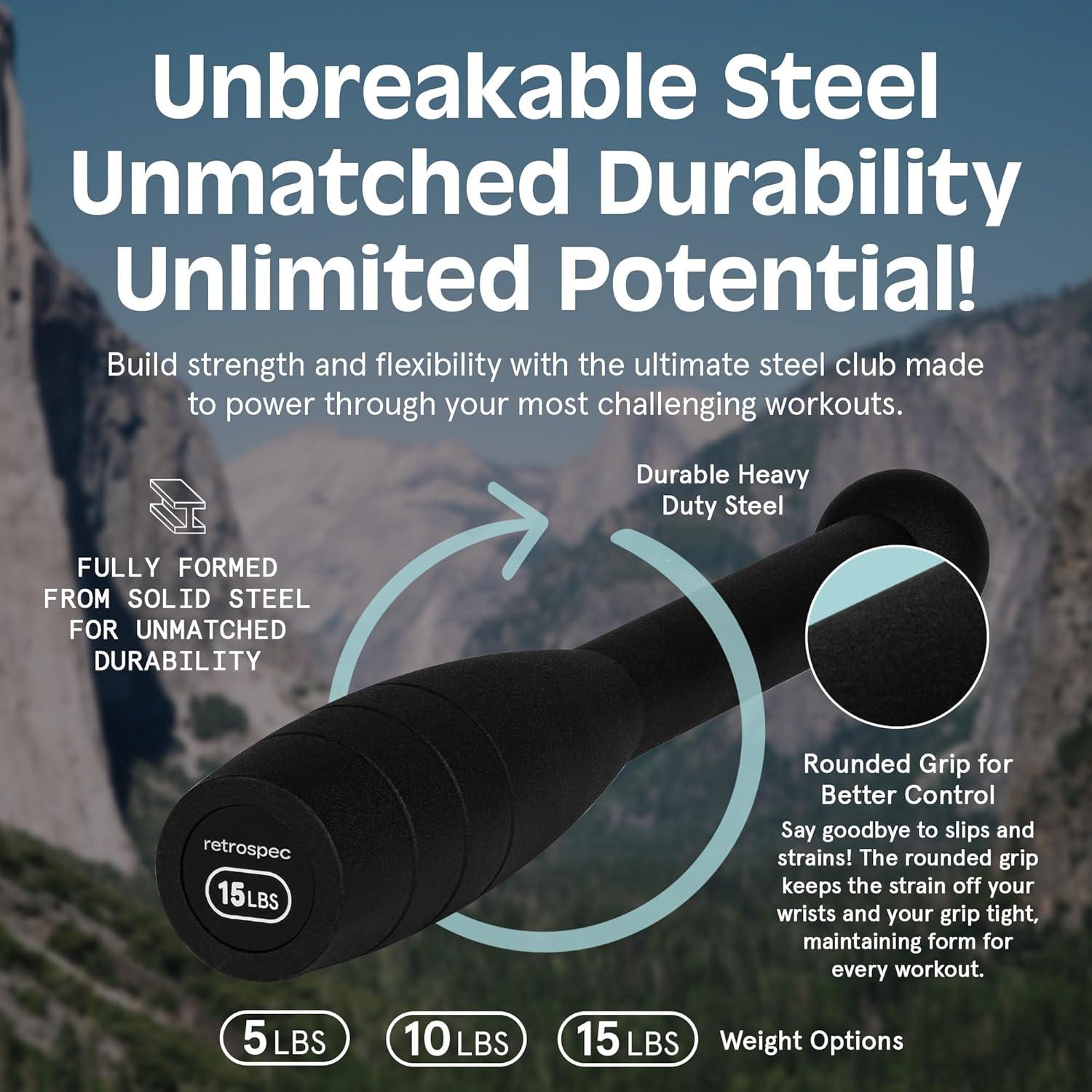 Retrospec Grip Steel Club Strength Training, Rehabilitation, Stretching, Conditioning and Rotational Training – 5, 10, 15lb Options for Women & Men(Matte Black)