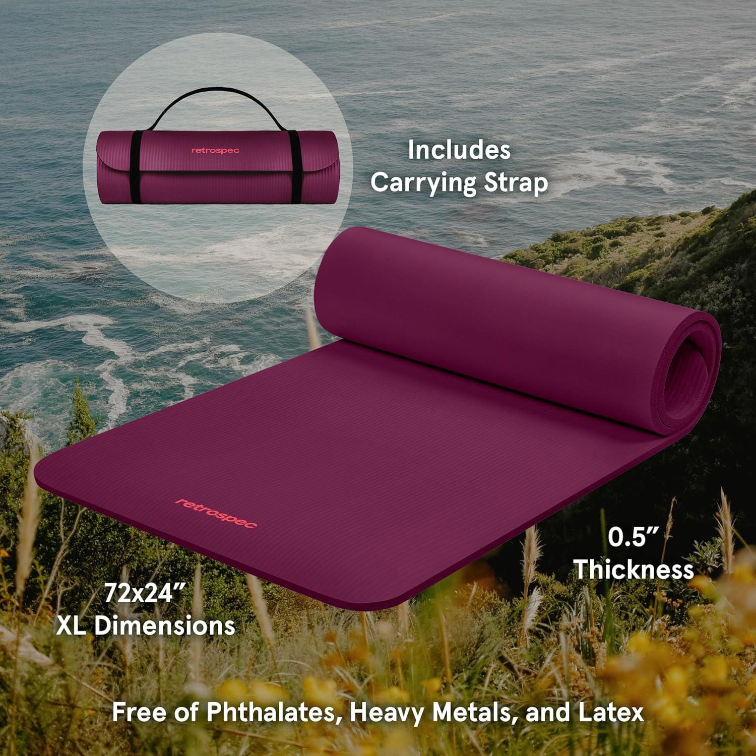Retrospec Solana Yoga Mat Thick 1/2in Non-Slip Workout Mat with Nylon Strap – 72x24in Exercise Mat for Pilates, Stretching & Fitness – BPA Free, Easy Clean(Boysenberry)