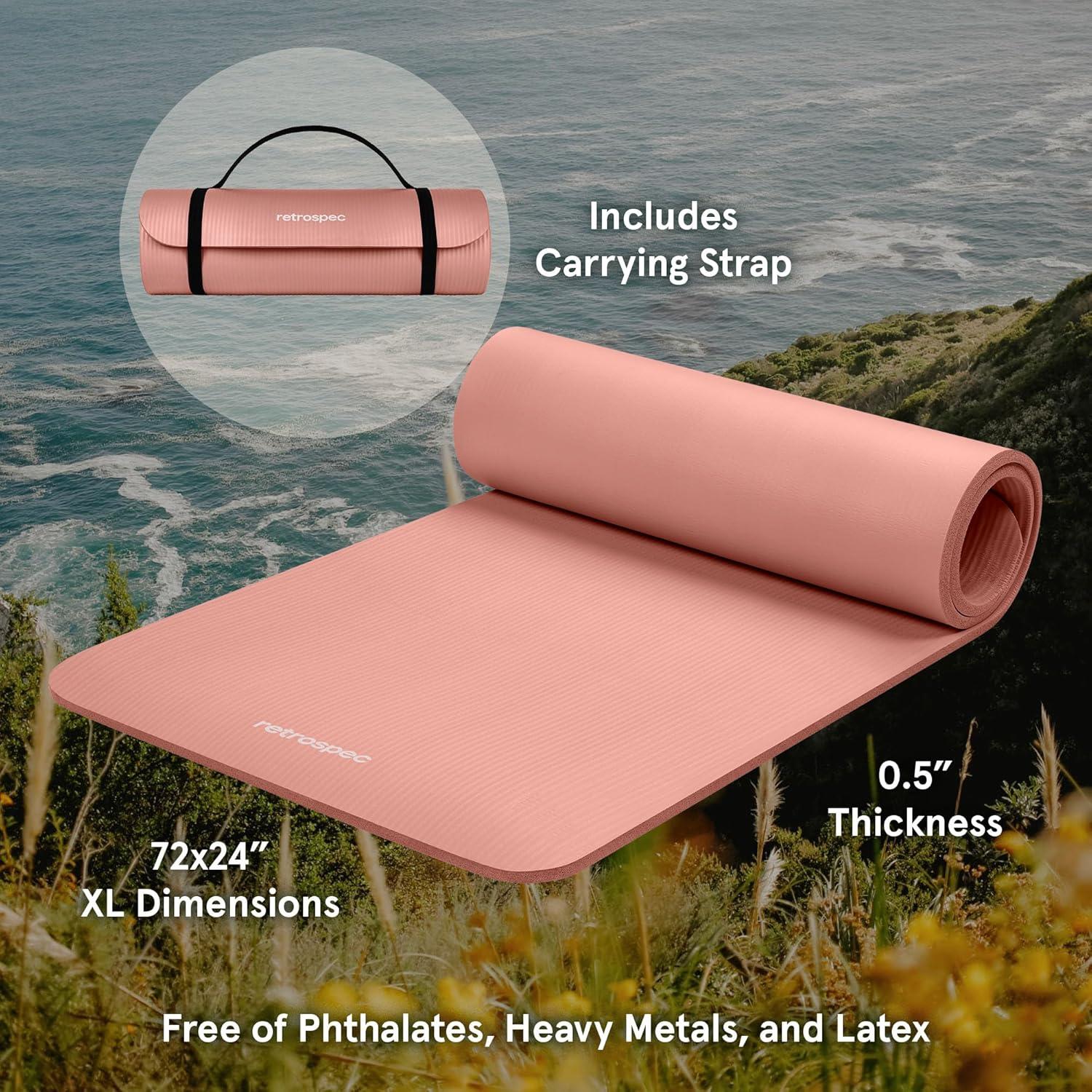 Retrospec Solana Yoga Mat Thick 1/2in Non-Slip Workout Mat with Nylon Strap – 72x24in Exercise Mat for Pilates, Stretching & Fitness – BPA Free, Easy Clean(Rose)