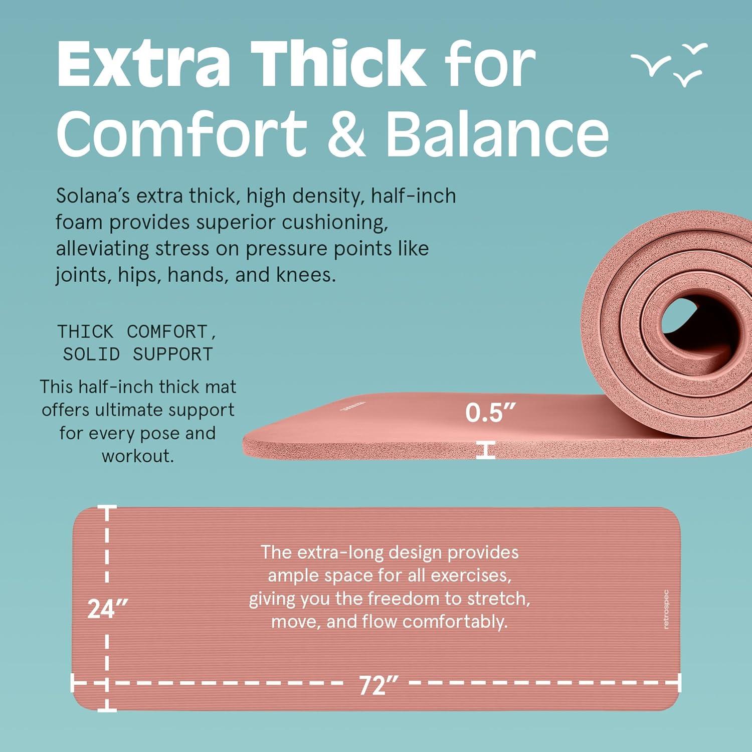 Retrospec Solana Yoga Mat Thick 1/2in Non-Slip Workout Mat with Nylon Strap – 72x24in Exercise Mat for Pilates, Stretching & Fitness – BPA Free, Easy Clean(Rose)