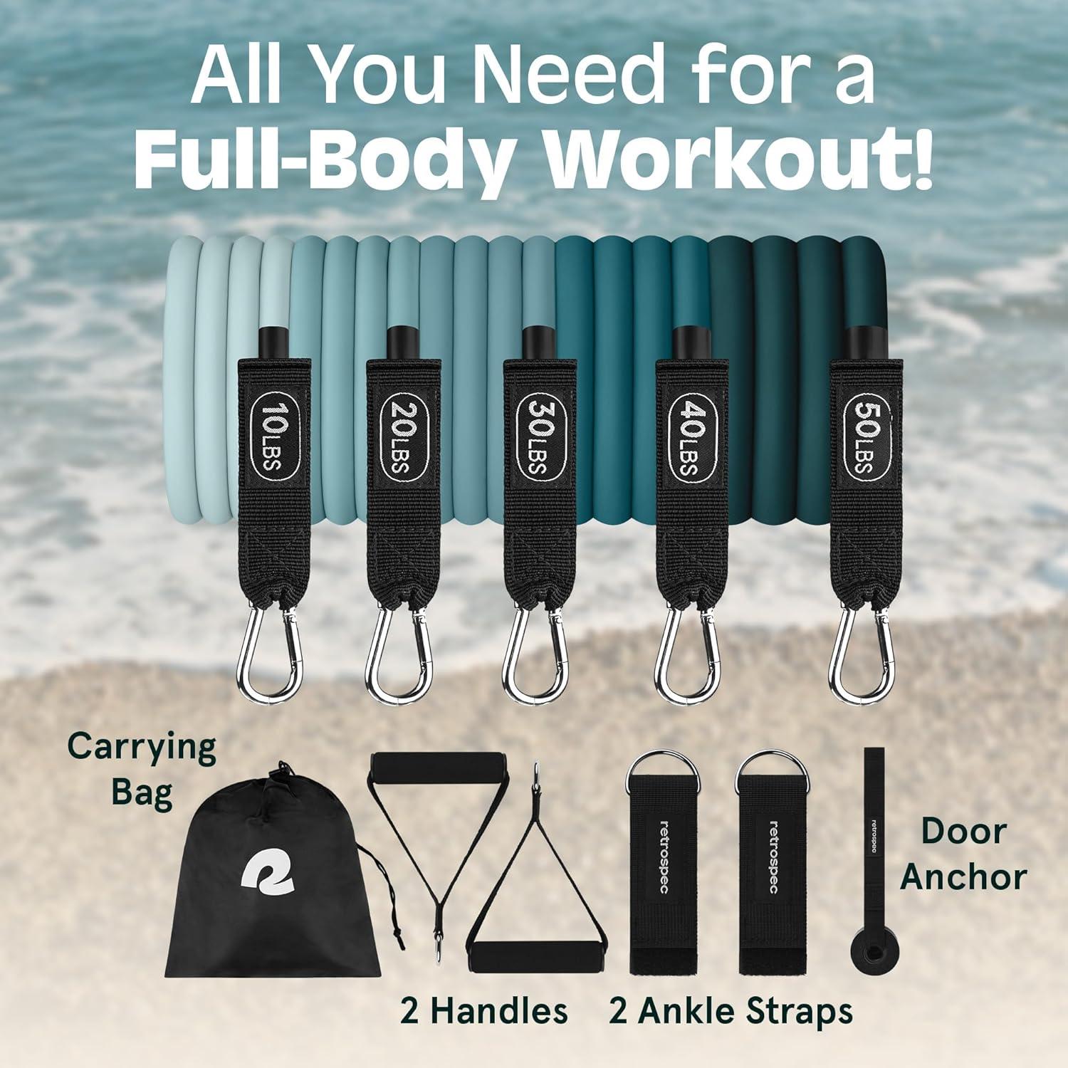Retrospec Train Resistance Bands Set for Working Out – 5 Stackable Bands, Handles & Door Anchor – Portable Fitness Equipment for Physical Therapy & Yoga Includes Carry Bag(Undertow)
