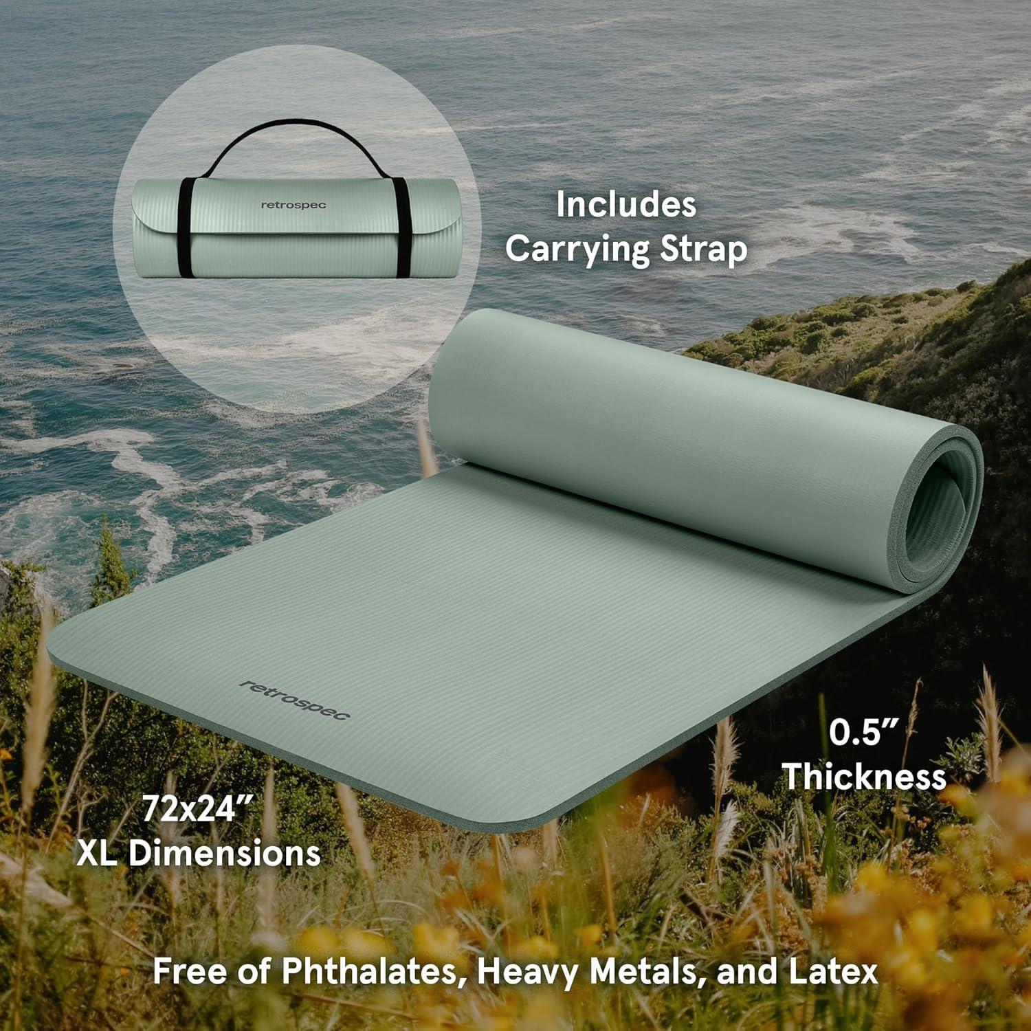 Retrospec Solana Yoga Mat Thick 1/2in Non-Slip Workout Mat with Nylon Strap – 72x24in Exercise Mat for Pilates, Stretching & Fitness – BPA Free, Easy Clean(Sage)