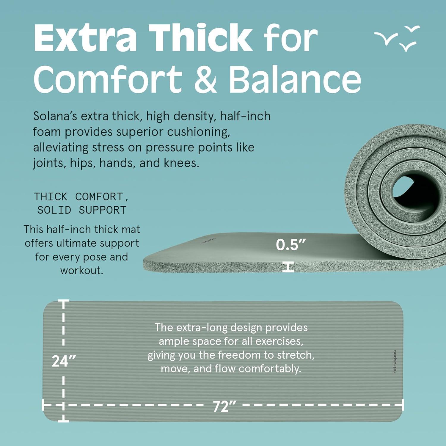 Retrospec Solana Yoga Mat Thick 1/2in Non-Slip Workout Mat with Nylon Strap – 72x24in Exercise Mat for Pilates, Stretching & Fitness – BPA Free, Easy Clean(Sage)