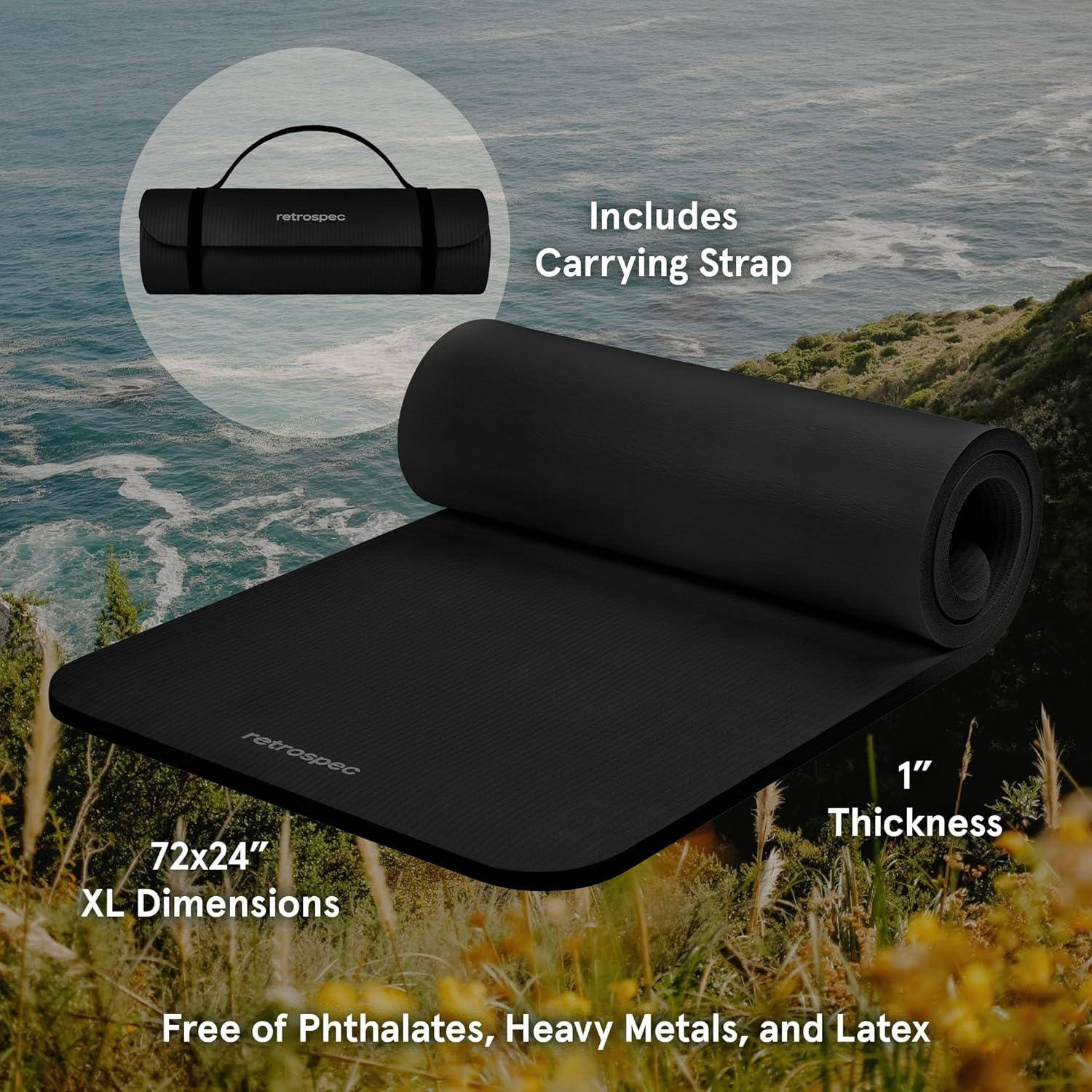 Retrospec Solana Yoga Mat 1″ Thick w/Nylon Strap for Men & Women – Non Slip Exercise Mat for Home Yoga, Pilates, Stretching, Floor & Fitness Workouts(Black)