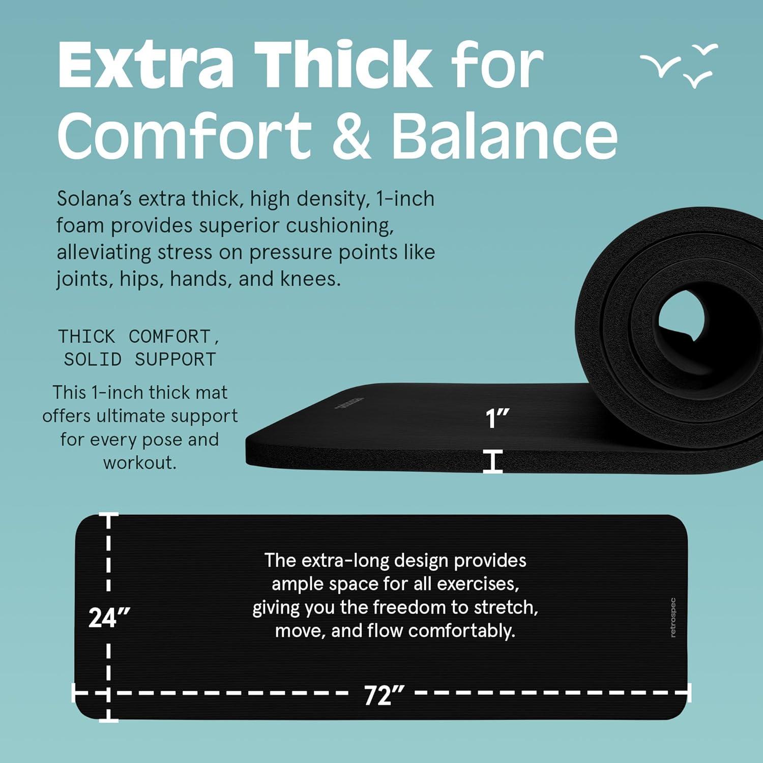 Retrospec Solana Yoga Mat 1″ Thick w/Nylon Strap for Men & Women – Non Slip Exercise Mat for Home Yoga, Pilates, Stretching, Floor & Fitness Workouts(Black)