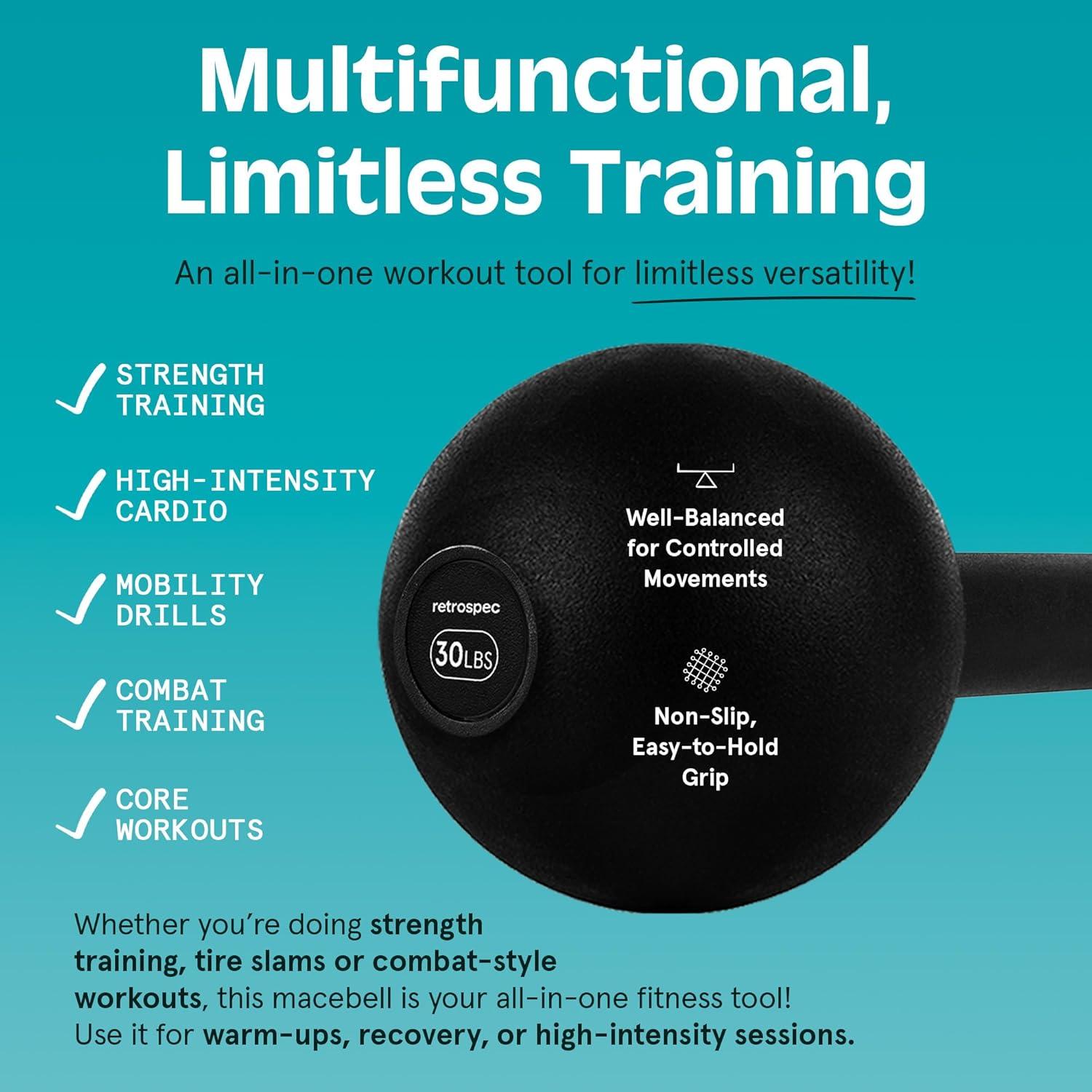 Retrospec Revolve Steel Macebell for Strength Training, Rehabilitation, Stretching, Conditioning and Rotational Training – 5, 7, 10, 15, 20, 30lb Options for Women & Men(Matte Black)