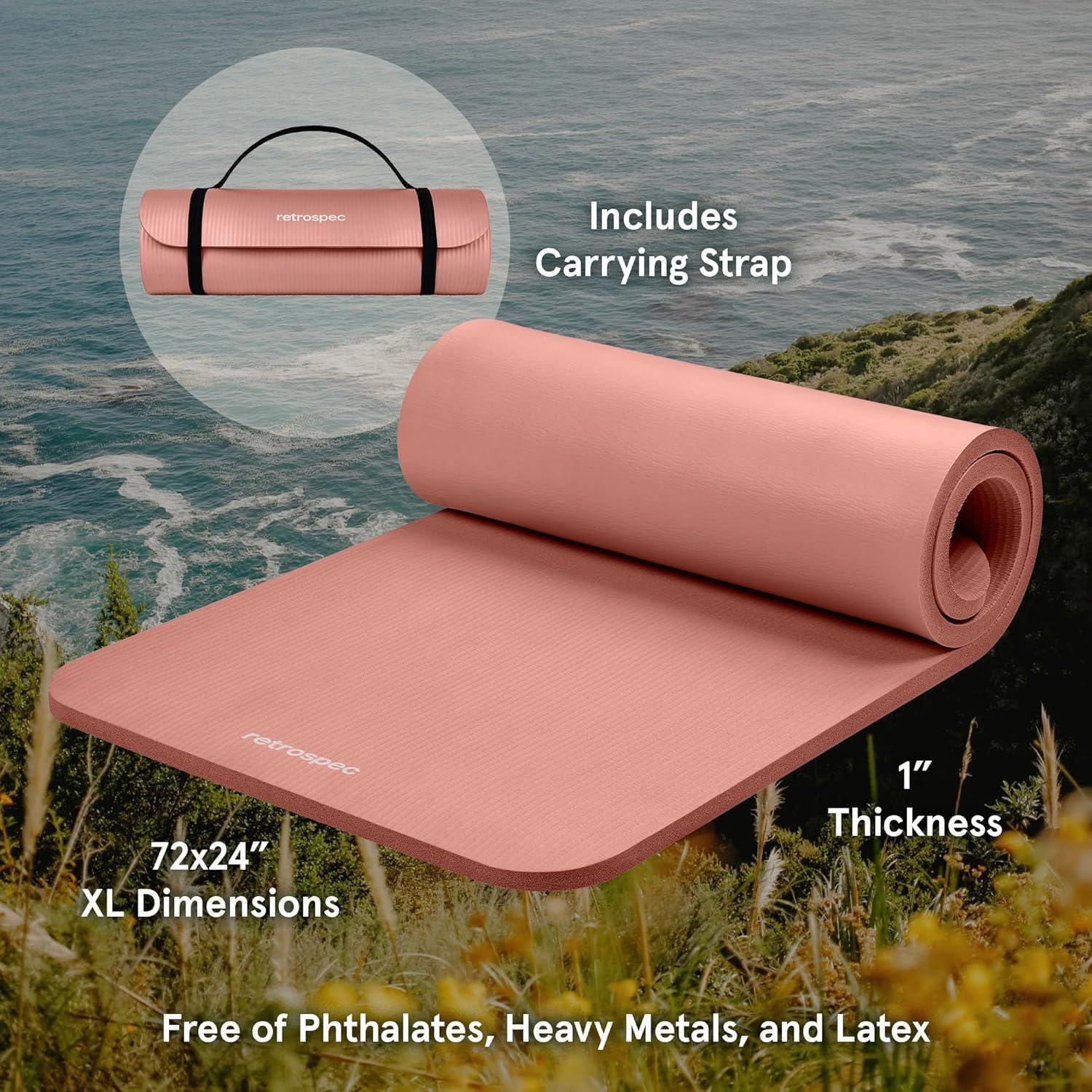 Retrospec Solana Yoga Mat 1″ Thick w/Nylon Strap for Men & Women – Non Slip Exercise Mat for Home Yoga, Pilates, Stretching, Floor & Fitness Workouts(Rose)