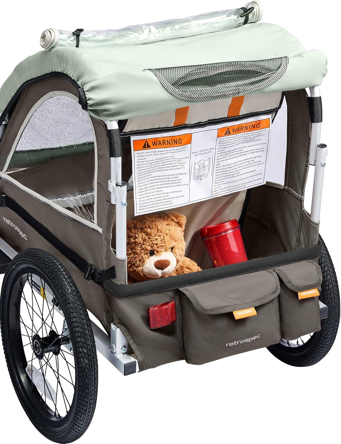 Retrospec Rover Plus Foldable Bike Trailer for Kids, Single/Double Passenger Child Bike Trailer with 5-Point Safety Harness, Reflective, Weather-Resistant Fabric and Safety Flag – Supports 40-80 lbs(Mint)