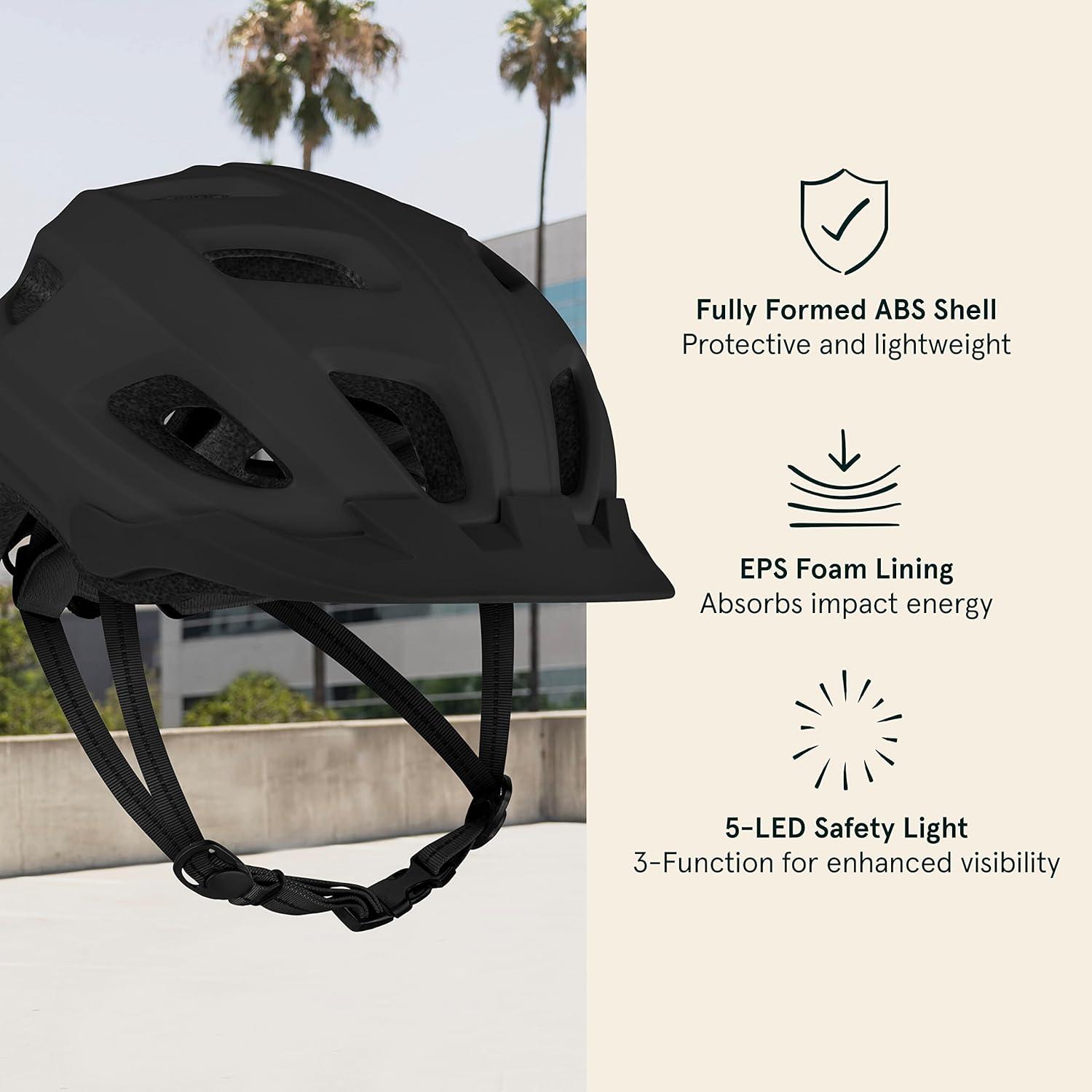 Retrospec Lennon Adult Bike Helmet with LED Safety Light Adjustable Dial & Removable Visor – Adjustable Bicycle Cycling Helmet for Men & Women(Matte Black)