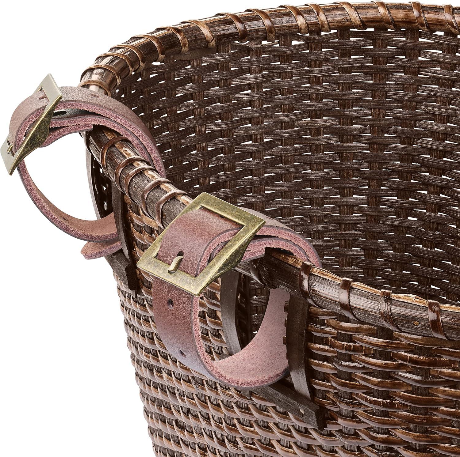 Retrospec Cane Woven Oval Dreamcatcher Basket with Authentic Leather Straps & Brass Buckles(Dark Stain)