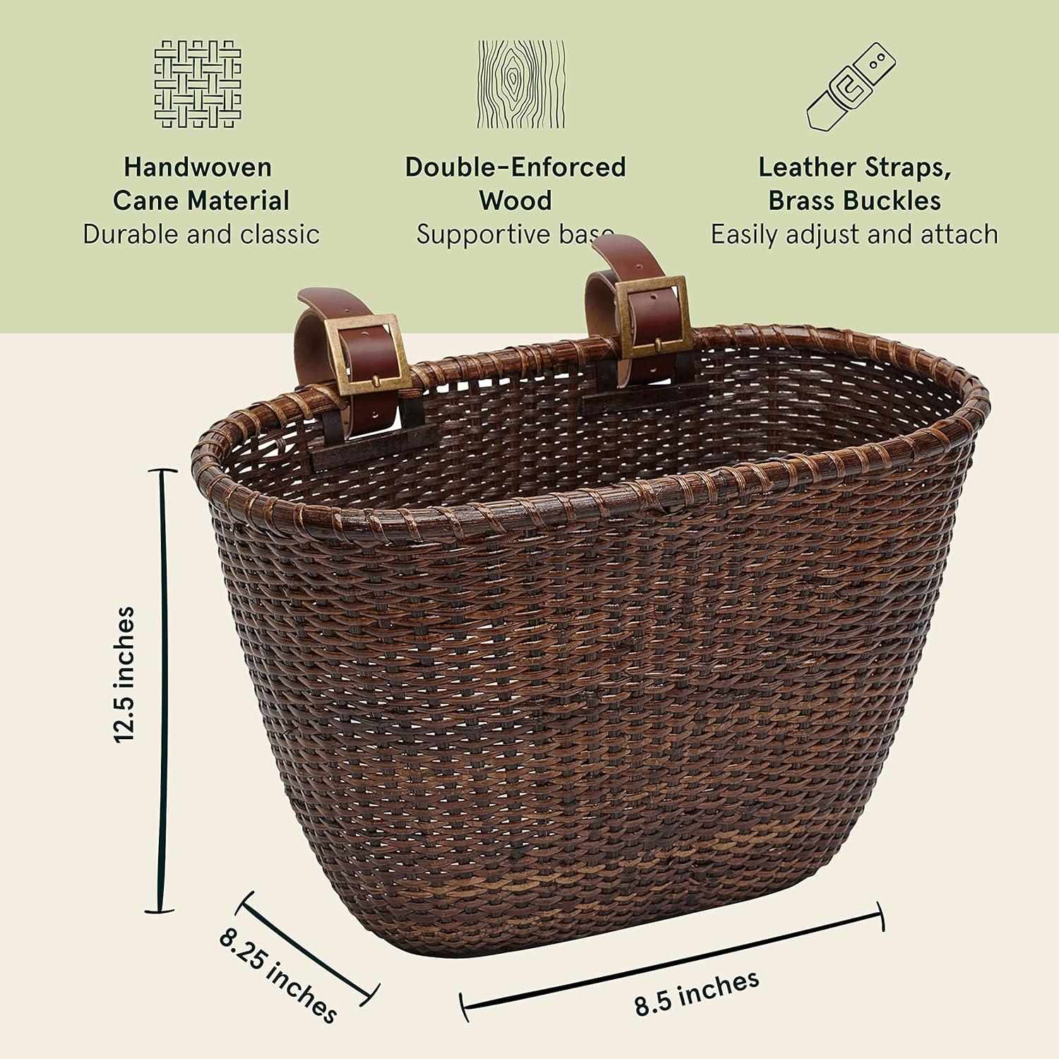 Retrospec Cane Woven Oval Dreamcatcher Basket with Authentic Leather Straps & Brass Buckles(Dark Stain)