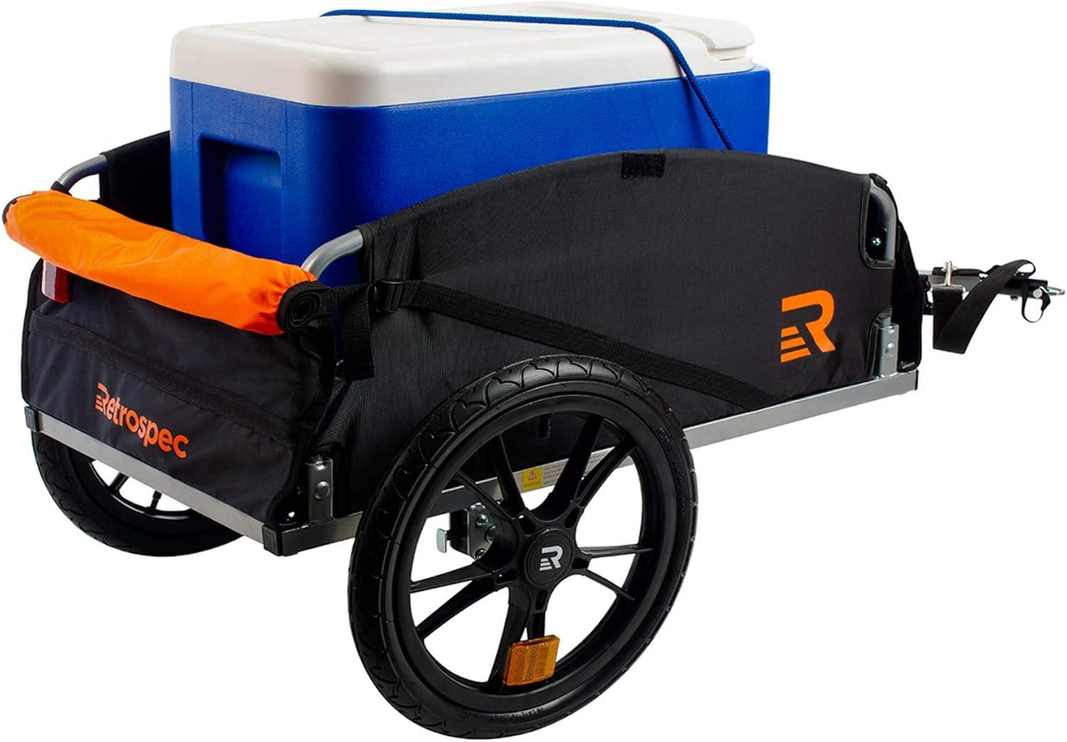 Retrospec Rover Hauler Bike Cargo Trailer – Foldable Frame with Weather-Resistant Fabric & 80lb Capacity – Universal Bike Trailer for 20-29in Wheels – Includes Safety Flag & D-Ring Anchors(Orange)