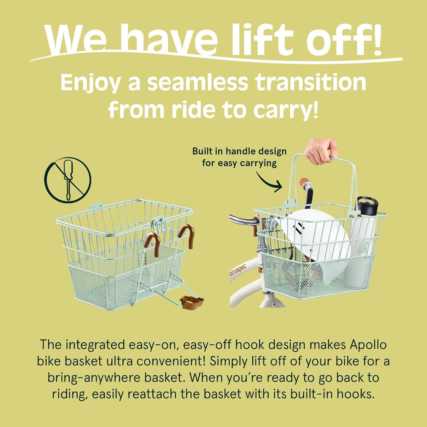 Retrospec Apollo Detachable Front Bike Basket Steel Half-Mesh with Integrated Detachable Hooks and Built-In Handle, Easy Assembly and Portability for Bicycles(Matcha)