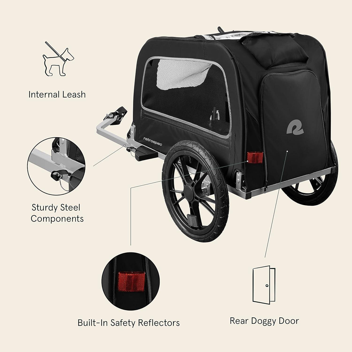 Retrospec Rover Waggin’ Pet and Dog Bike Trailer with Weather-Resistant Canopy & Mesh Shield – Foldable Frame, 16in Wheels with Storage Pouch & Internal Safety Leash Supports up to 50 lbs(Black)