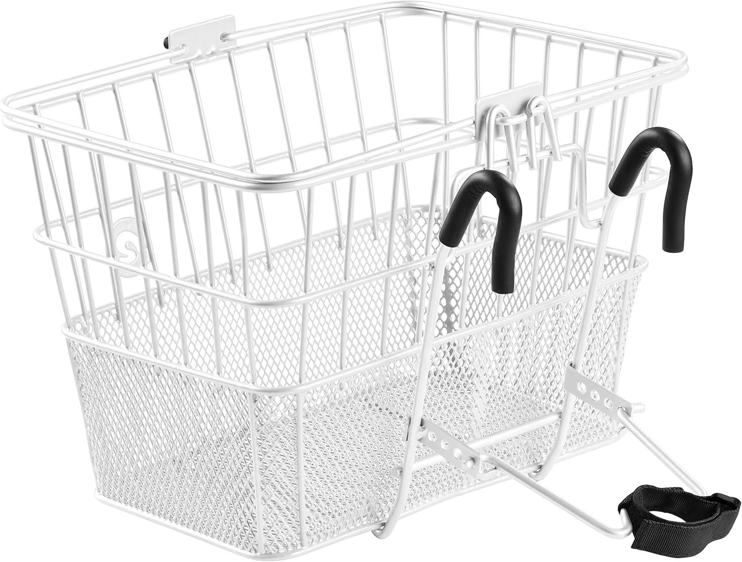 Retrospec Apollo Detachable Front Bike Basket Steel Half-Mesh with Integrated Detachable Hooks and Built-In Handle, Easy Assembly and Portability for Bicycles(White)