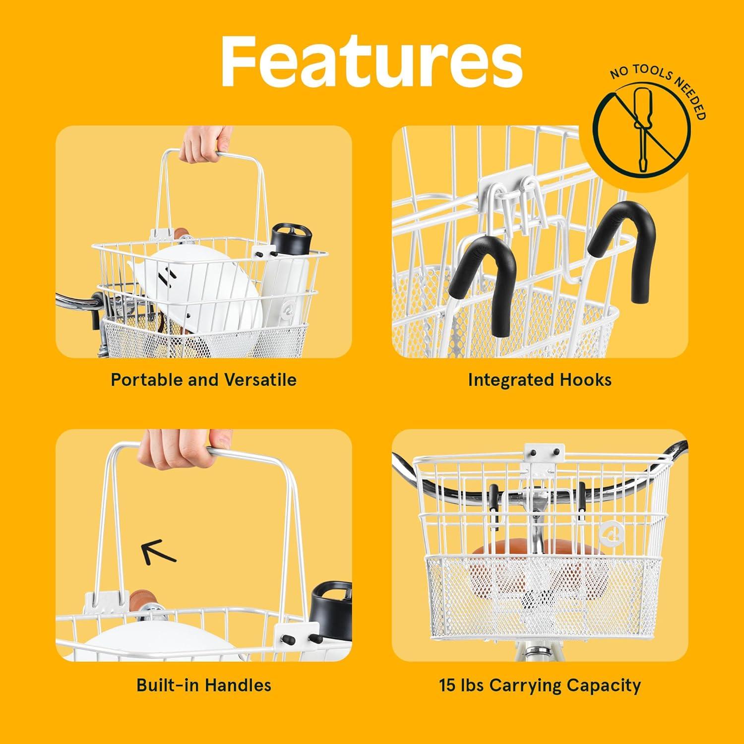 Retrospec Apollo Detachable Front Bike Basket Steel Half-Mesh with Integrated Detachable Hooks and Built-In Handle, Easy Assembly and Portability for Bicycles(White)