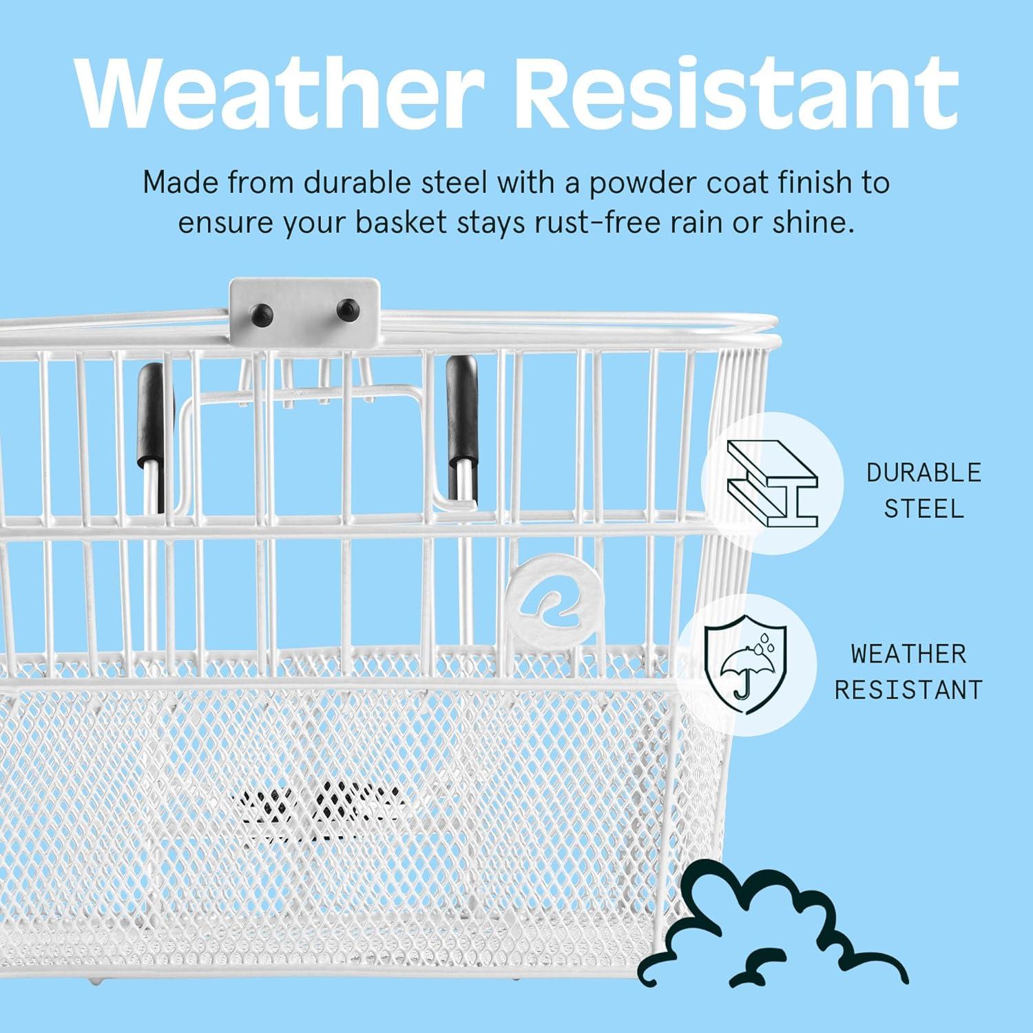 Retrospec Apollo Detachable Front Bike Basket Steel Half-Mesh with Integrated Detachable Hooks and Built-In Handle, Easy Assembly and Portability for Bicycles(White)