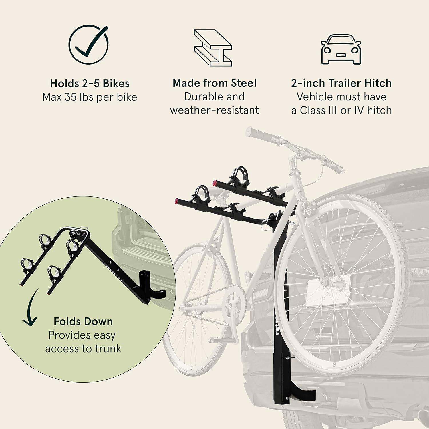 Retrospec Lenox 2-5 – Bike Hitch Rack for Cars, Trucks, SUVs with 2 Hitch | Foldable Steel Frame with Anti-Rattle Adapter, Tie Down Cradles and Straps – Fits Most Frames(Black)