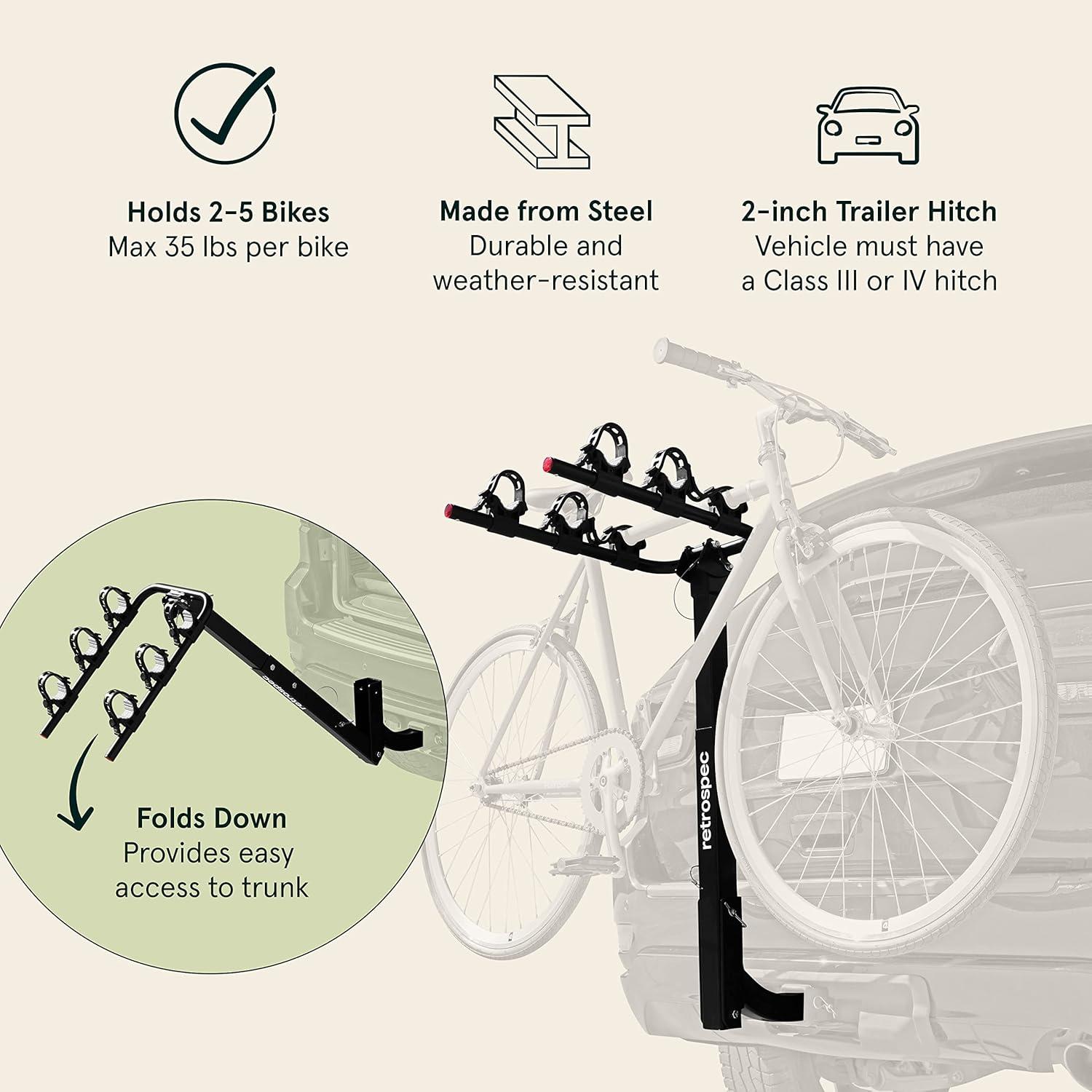 Retrospec Lenox 2-5 – Bike Hitch Rack for Cars, Trucks, SUVs with 2 Hitch | Foldable Steel Frame with Anti-Rattle Adapter, Tie Down Cradles and Straps – Fits Most Frames(Black)